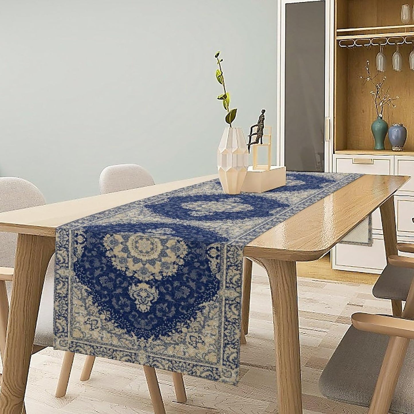 Boho Bohemia Style Dark Blue Table Runner, Country Rustic Farmhouse Magical Abstract Print Pattern for Home Kitchen Table Decor Dining Coffee Room Garden Party Decor 13x36in