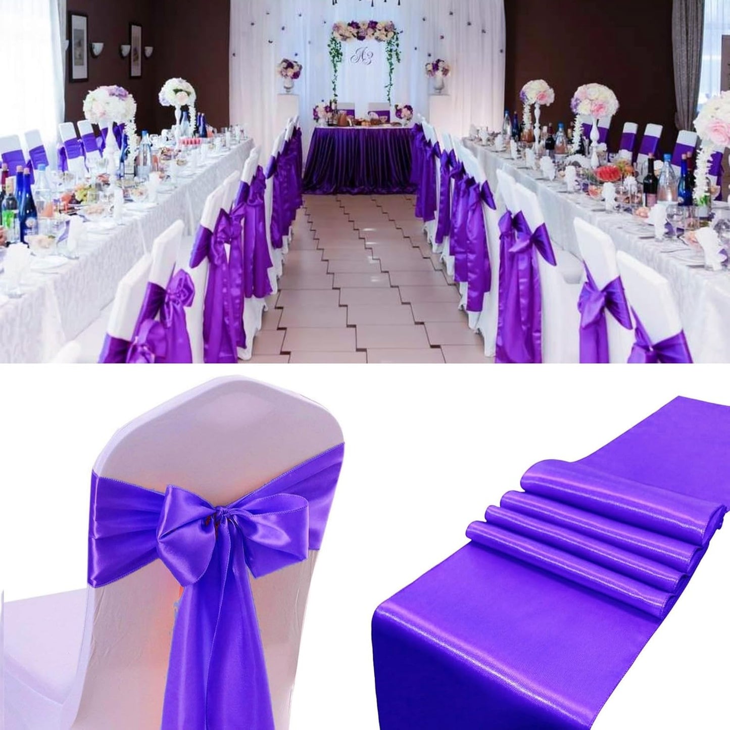 50 PCS Satin Chair Sashes Bows Decorative Universal Chair Cover Band Chair Ribbon Ties Back Sash for Wedding Party Ceremony Reception Hotel Events Birthday Banquet Restaurant Decor(7x108inch,Purple)