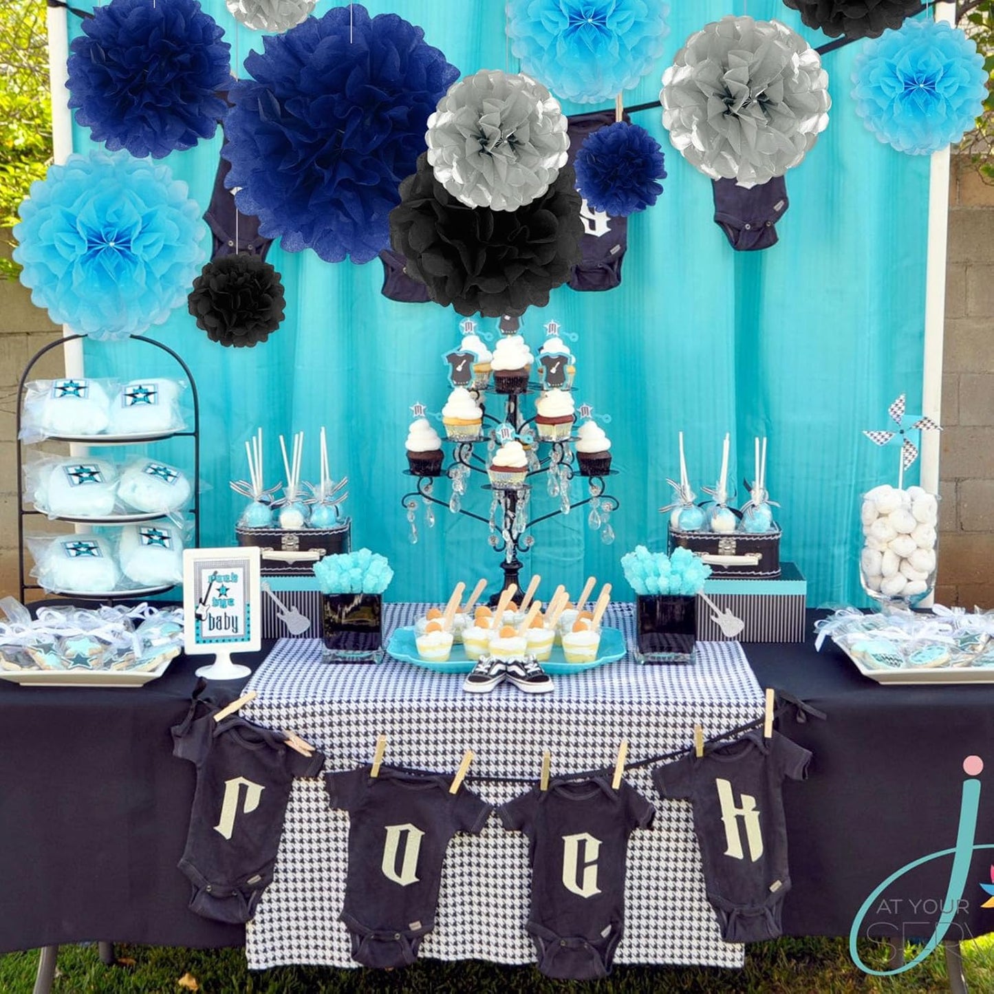 Tissue Paper Pom Poms, Black Silver Blue Tissue Paper Flowers, Hanging Flower Balls for Weddings Fiesta Parties Birthday Baby Showers Classroom Bridal Shower Decoration (20Piece Set-6/10/12/14Inch)