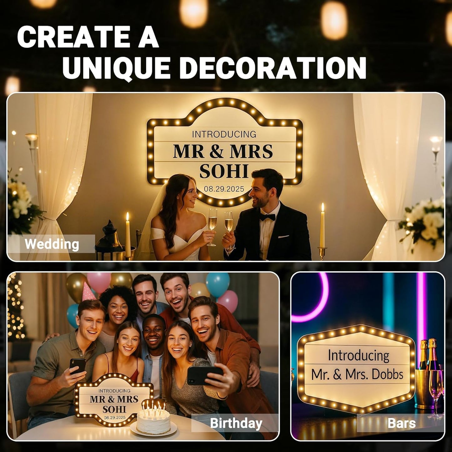 Custom Wedding Bottle Service Sign,IP67 Waterproof LED Marquee Light Up Board with Bulbs,Personalized Party Decoration for Bride Groom,Engagement Anniversary Birthday Celebration Event Decor