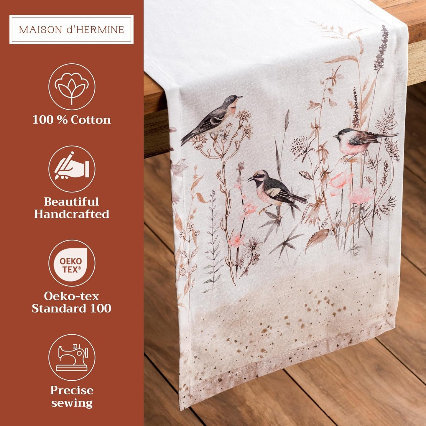 Maison d' Hermine Table runner 100% Cotton Single Layer Table Runners 72 inches long Decorative for Home Kitchen Dining Party Wedding Bridal Shower Spring Summer (Meadow Florals - Brown, 14.50" x 72")