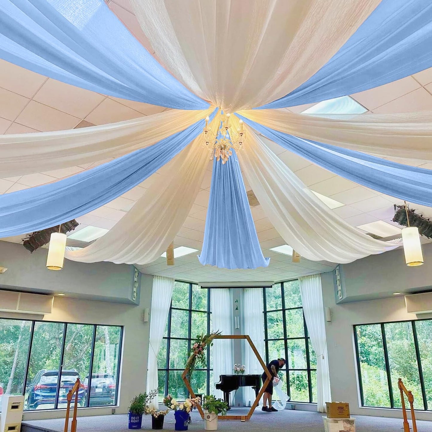 MODFUNS Light Blue Ceiling Drape 5x20ft 4 Panels Chiffon Ceiling Draping Fabric Sheer Wedding Arch Drapery Stage Canopy Ceiling Drapes Chiffon Curtain Drapes for Arbor Swag Tent Party Decoration