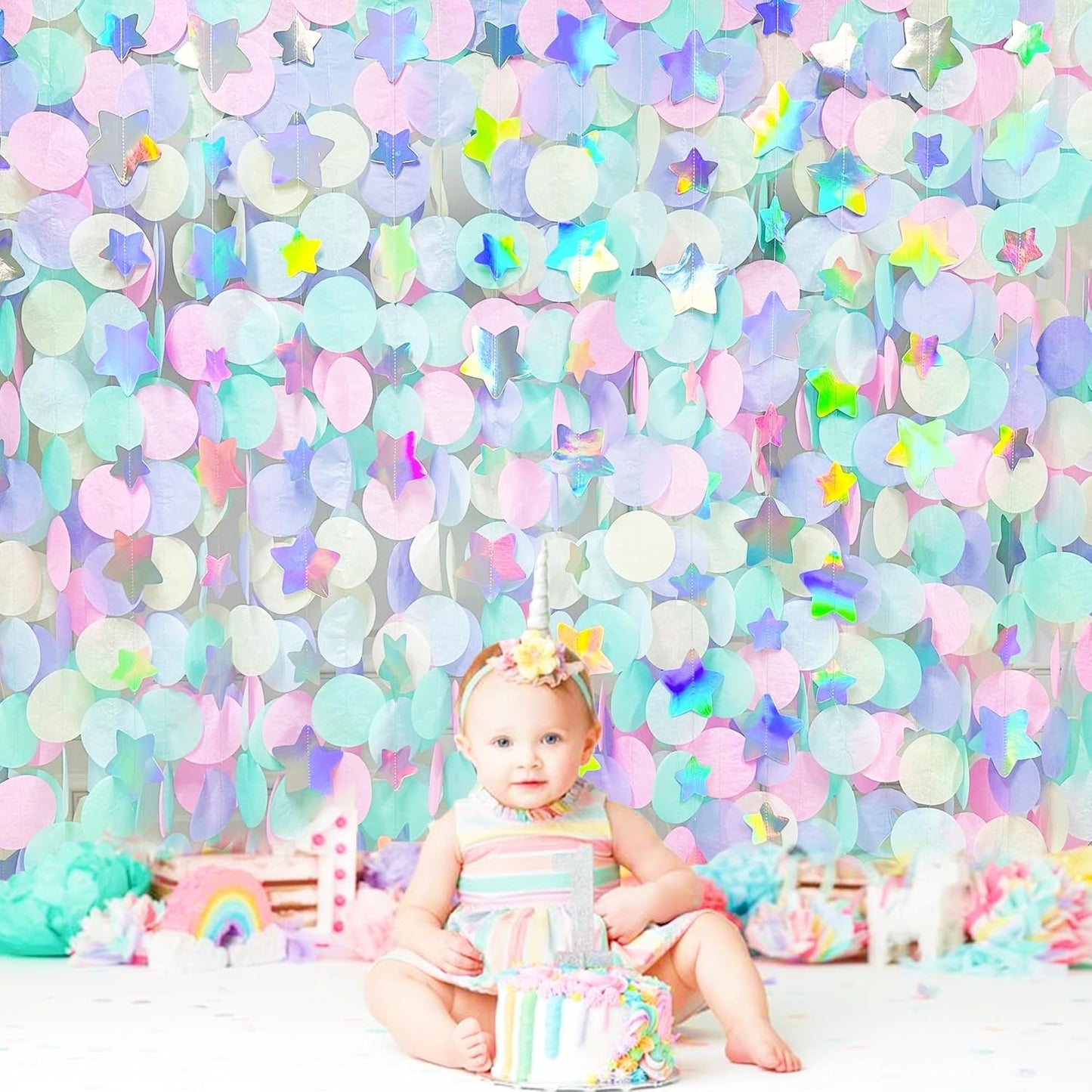 205Ft Pastel Party Decorations Circle Dot Backdrop Streamer Pastel Tissue Paper Polka Dots with Iridescent Star Hanging Garland for Birthday Wedding Bachelorette Engagement Baby Shower Party Supplies