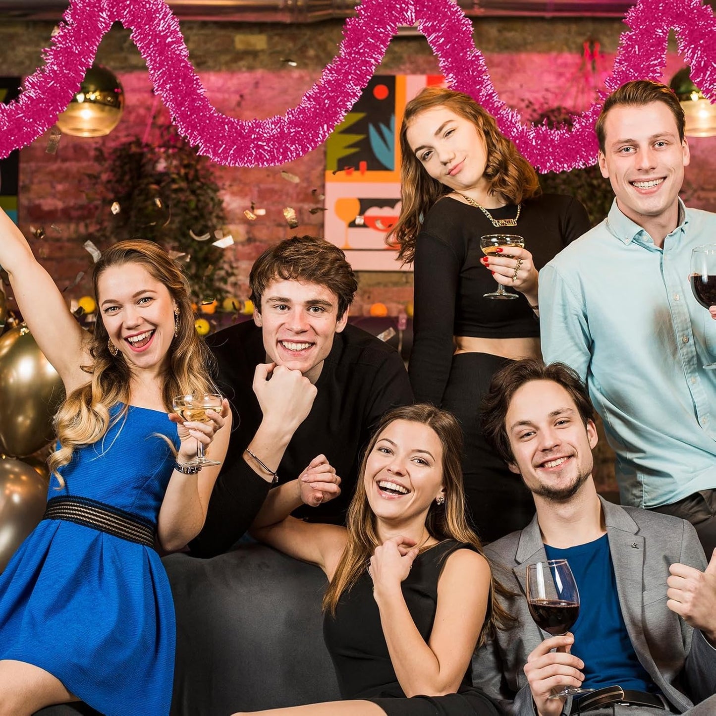 25 Feet Pink Christmas Tinsel Garland, Metallic Foil Twist Banner Wall Hanging Tinsel Streamers Backdrop for Parade Floats, Christmas, Mother's Day, Birthday Party Decorations(4in x 25ft)