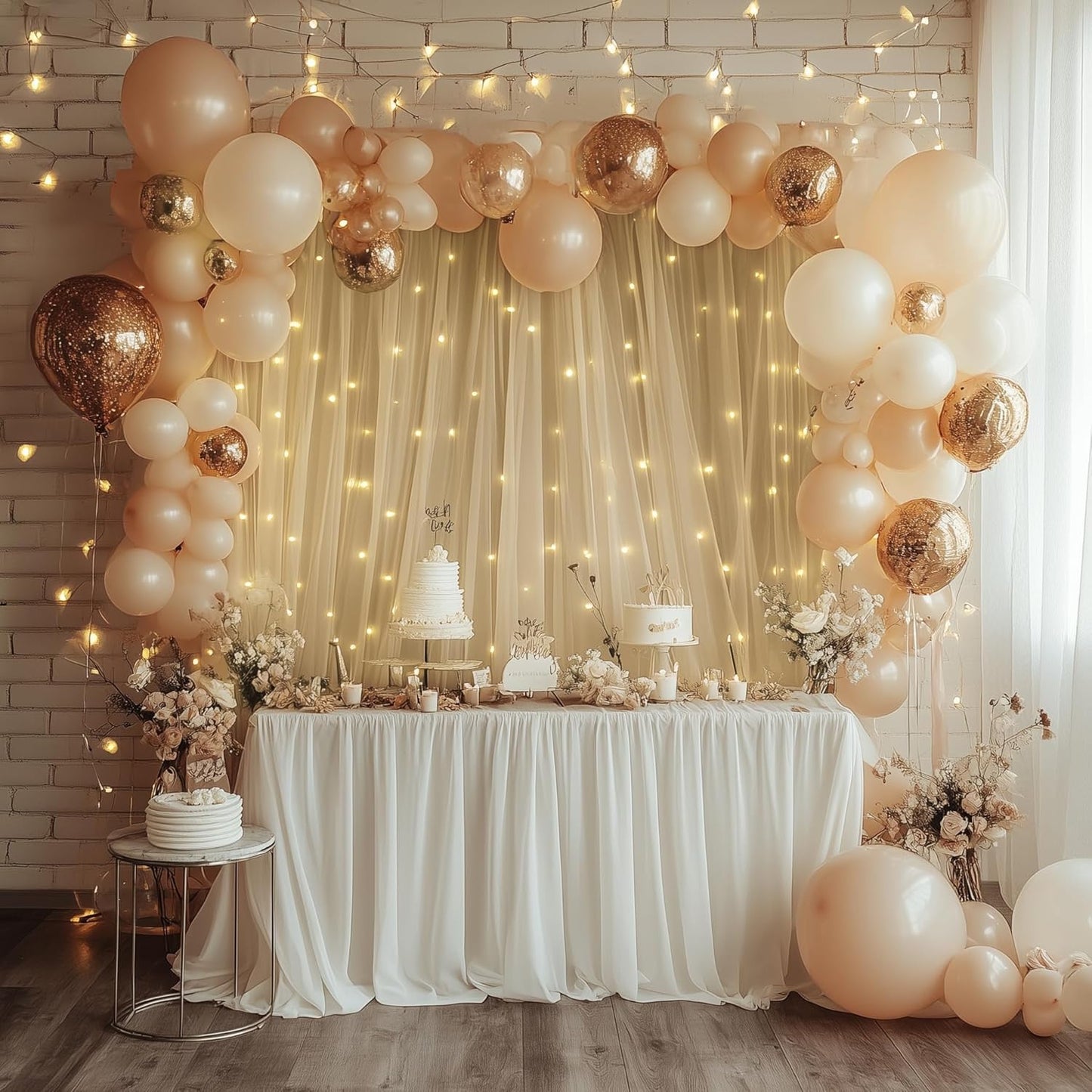 Tulle Backdrop Curtain with Lights String 30 X 8FT Champagne Sheer Tulle Backdrop Curtains for Wedding Birthday Party Reception Photo Booth Background Decorations (6 Panels 5x8FT)