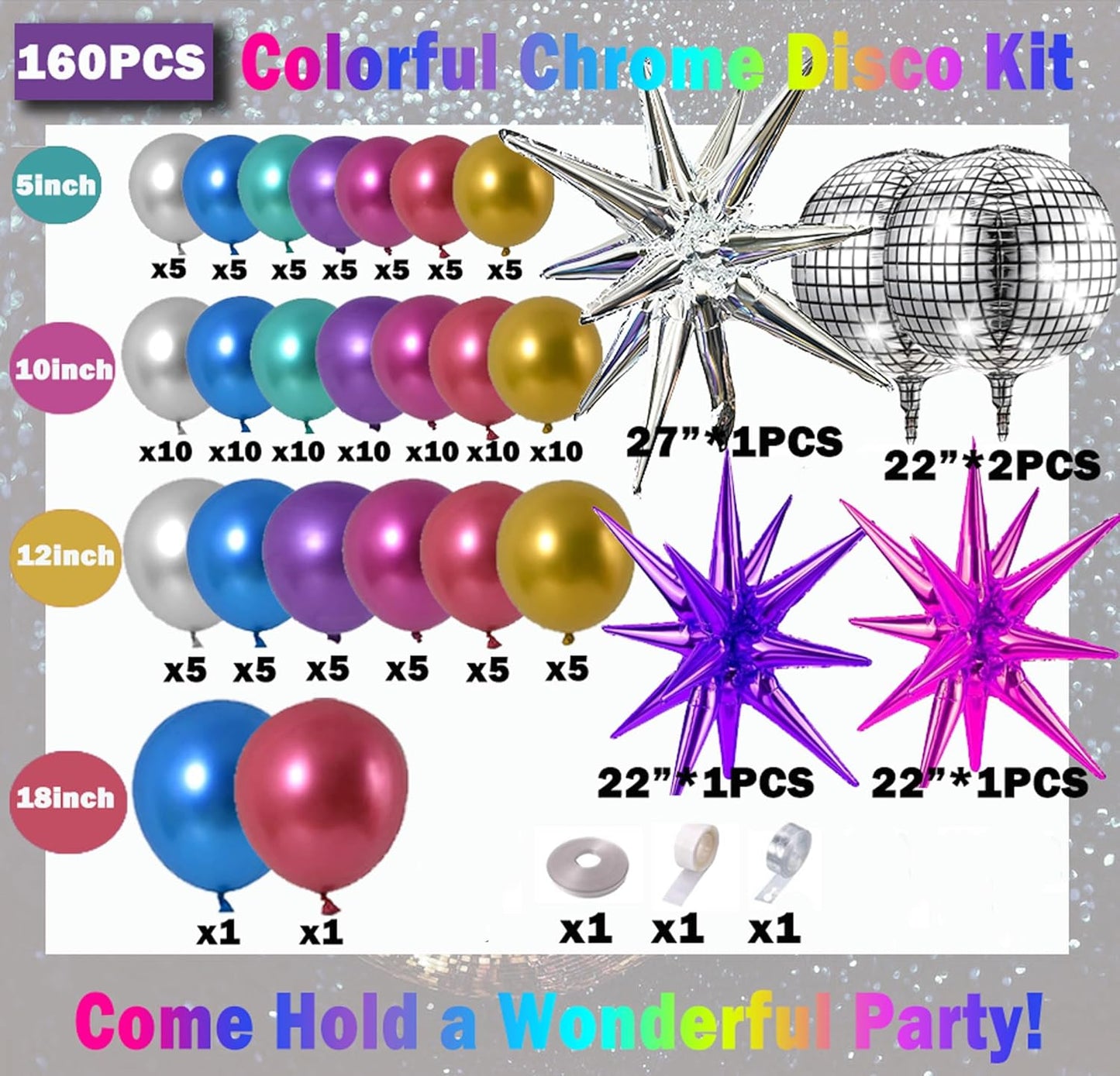161pcs Shiny Chrome Balloon Garland Arch Kit Retro Disco Dance Party Decorations with 4D Disco Ball Balloons and Explosion Star Foil Balloons for 80s 90s Theme Neon Birthday Galaxy Supplies