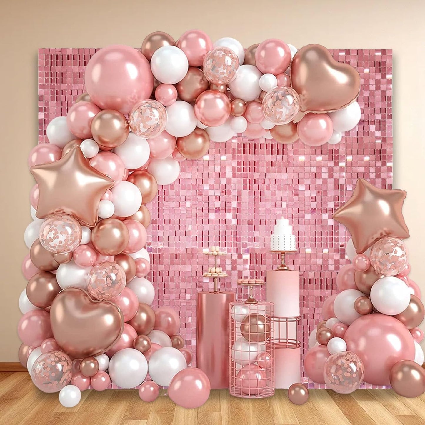 24PCS Rose Gold Shimmer Wall Backdrop, Square Sequin Backdrops Panel, Glitter Wall Background for Birthdays, Weddings, Graduation, Engagements, Disco Bachelorette Party Decoration (4FTx6FT)