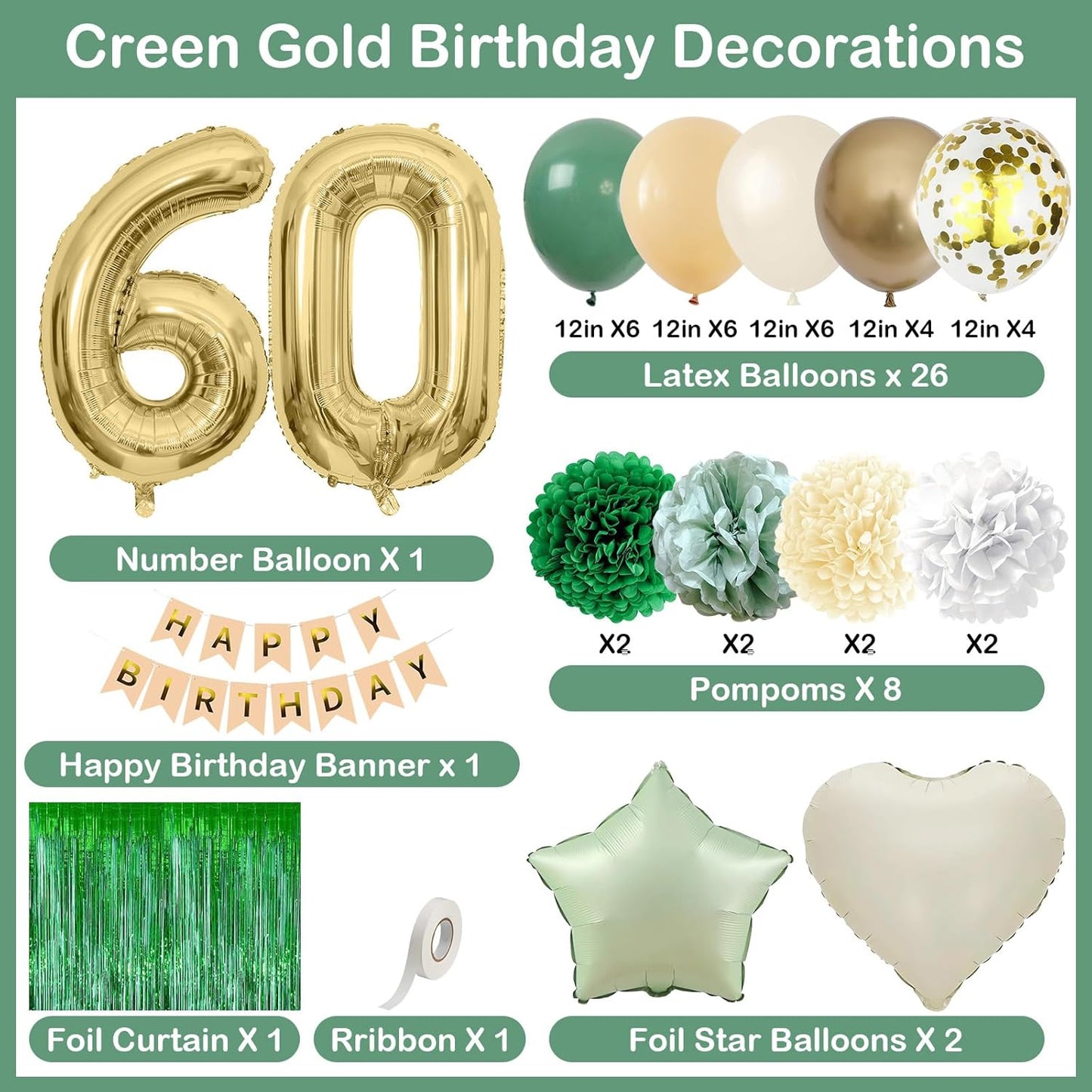 Sage Green 60th Birthday Decorations for Men Gold Number 60 Balloon Nude Gold Happy Birthday Banner Fringe Curtain Paper Pom Poms Olive Green Cream White Sand Star Foil Balloons Party Decor