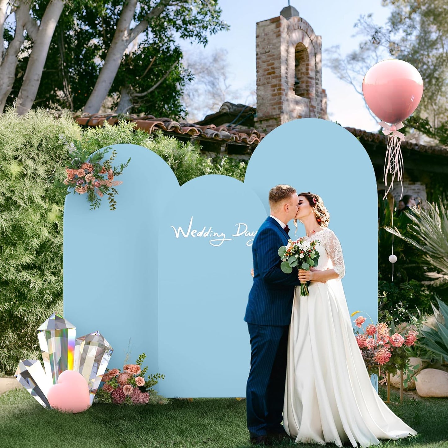 Spandex Anti Wrinkle Arch Backdrop Cover - High Elastic Fitted Arch Stand Cover Set of 3, Dusty Blue Round Top Chiara Backdrop for Wedding Birthday Party Garden Decor 6Ft, 6.6Ft, 7.2Ft