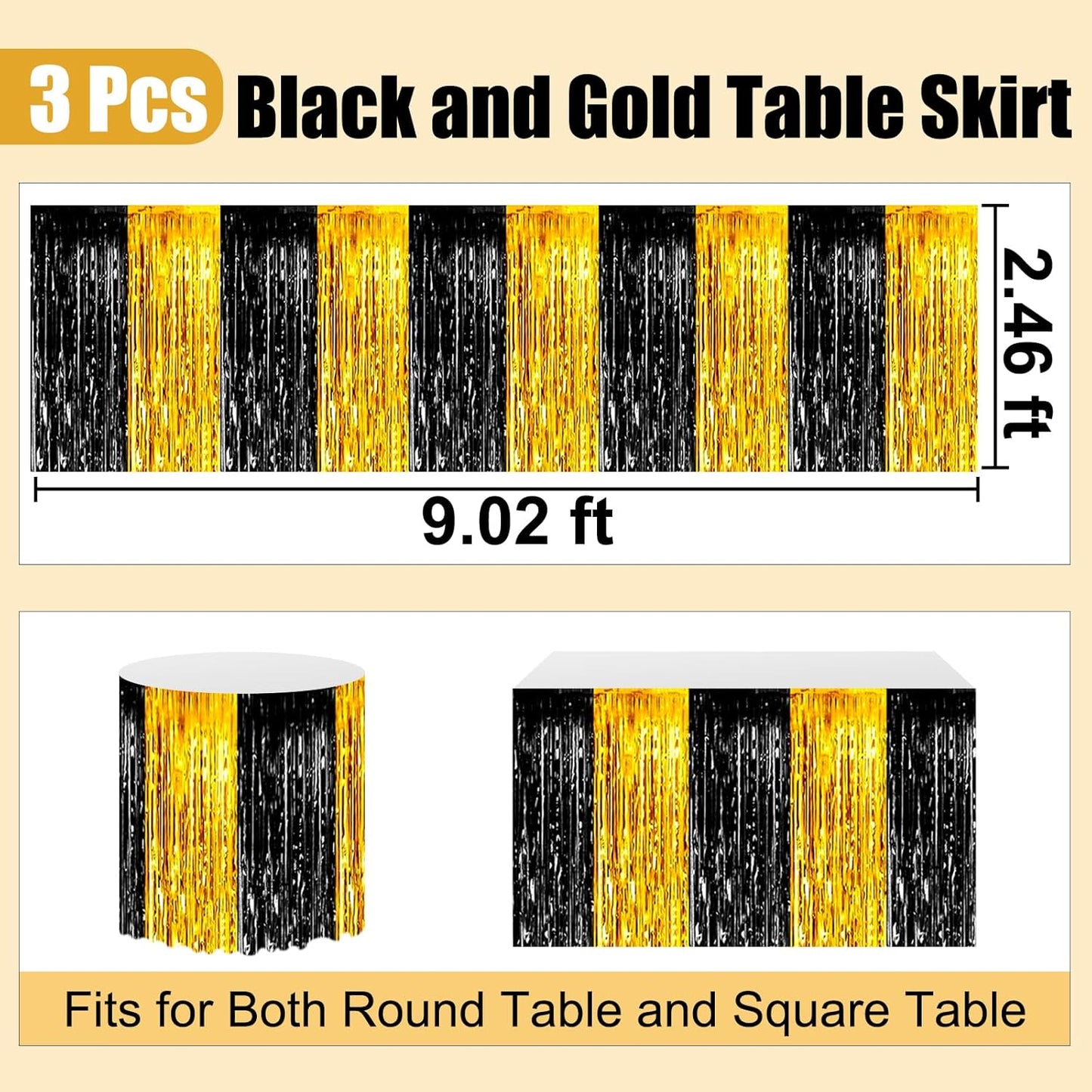 3 Pack 29 x108 Inch Black Gold Foil Fringe Table Skirts Metallic Banner for Tinsel Streamer Garland Backdrop for Parade Floats Wedding Thanksgiving Birthday Christmas New Year Party Decoration
