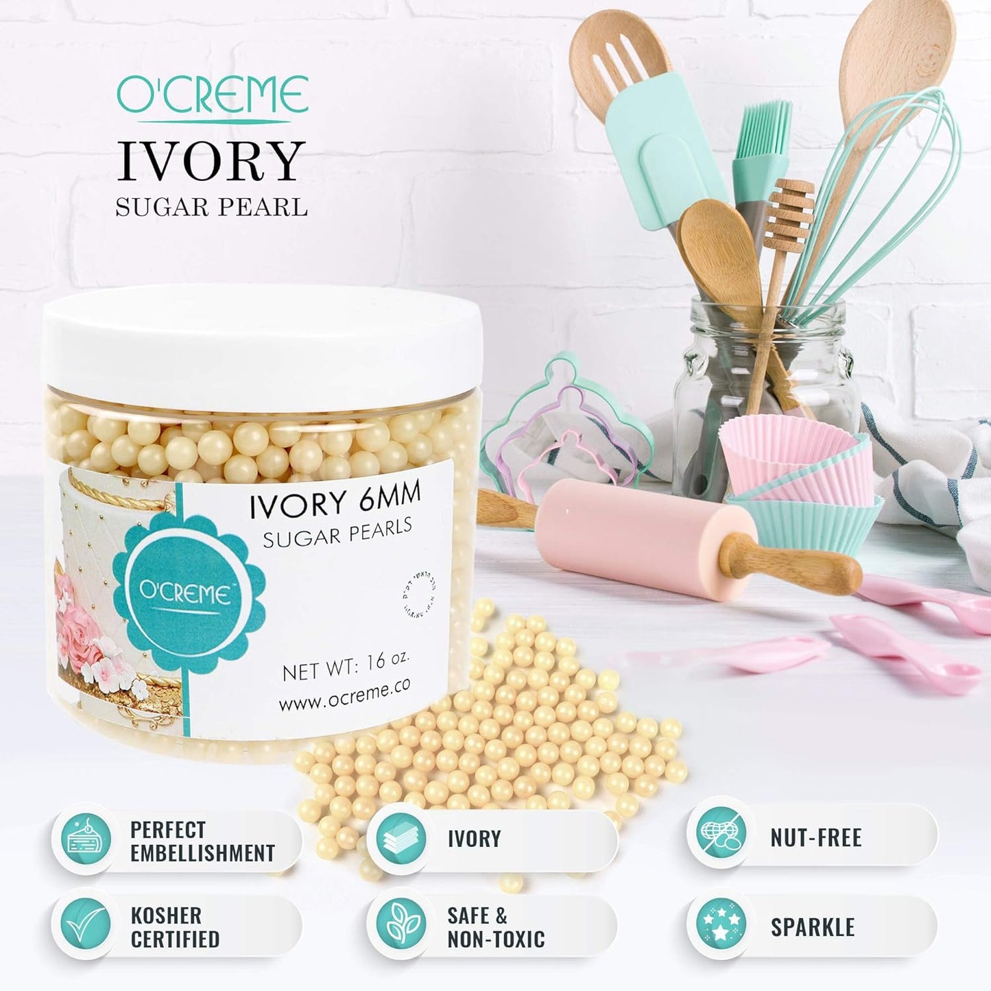 O'Creme Ivory Edible Sugar Pearls Cake Decorating Supplies for Bakers: Cookie, Cupcake & Icing Toppings, Beads Sprinkles For Baking, Certified, Candy Sugar Ball Accents (6mm, 8 Oz)