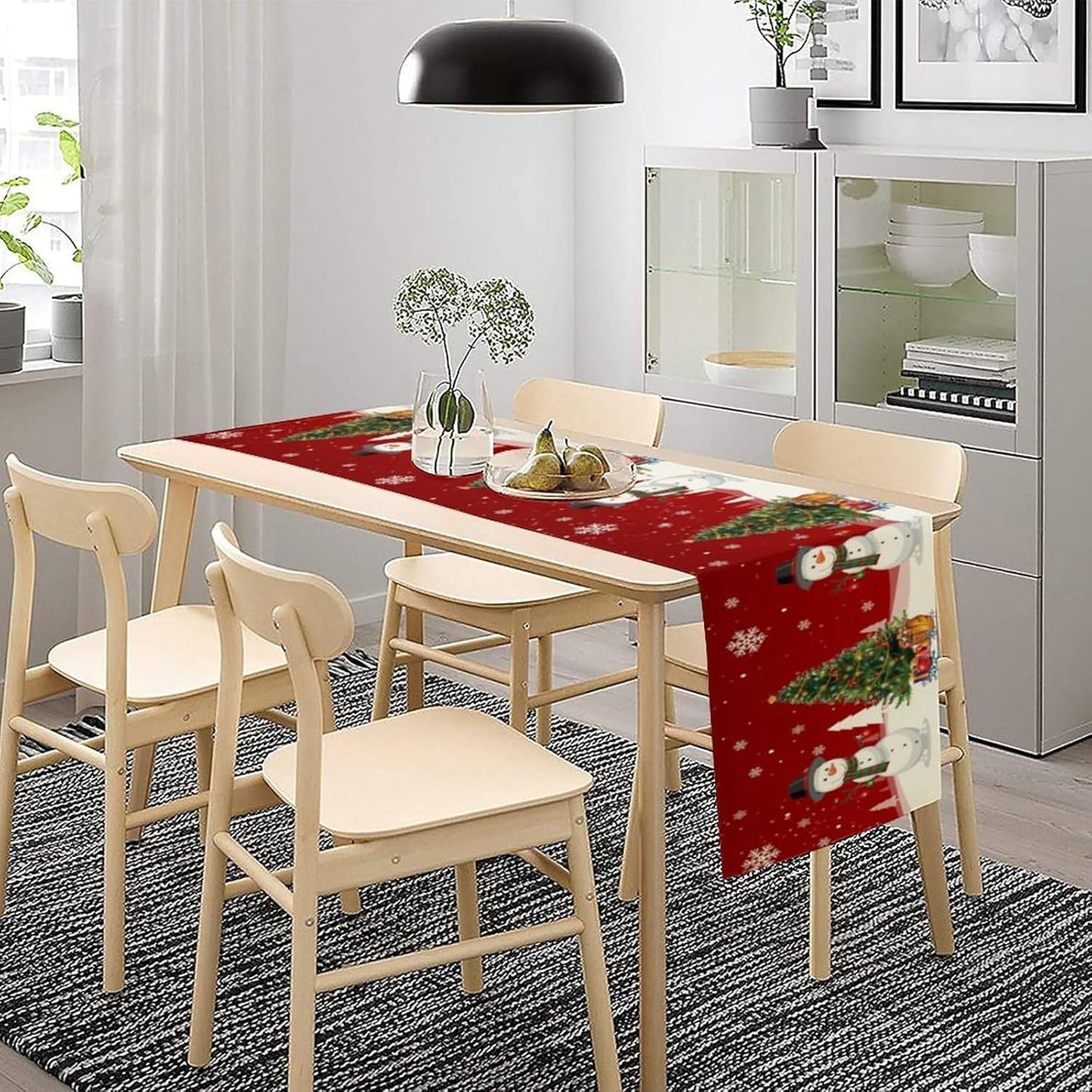 Christmas Table Runner,Snowman Rustic Red Snowflake Winter Table Cloth Kitchen Dining Table Decoration for Home Party Decor 13x70 Inch