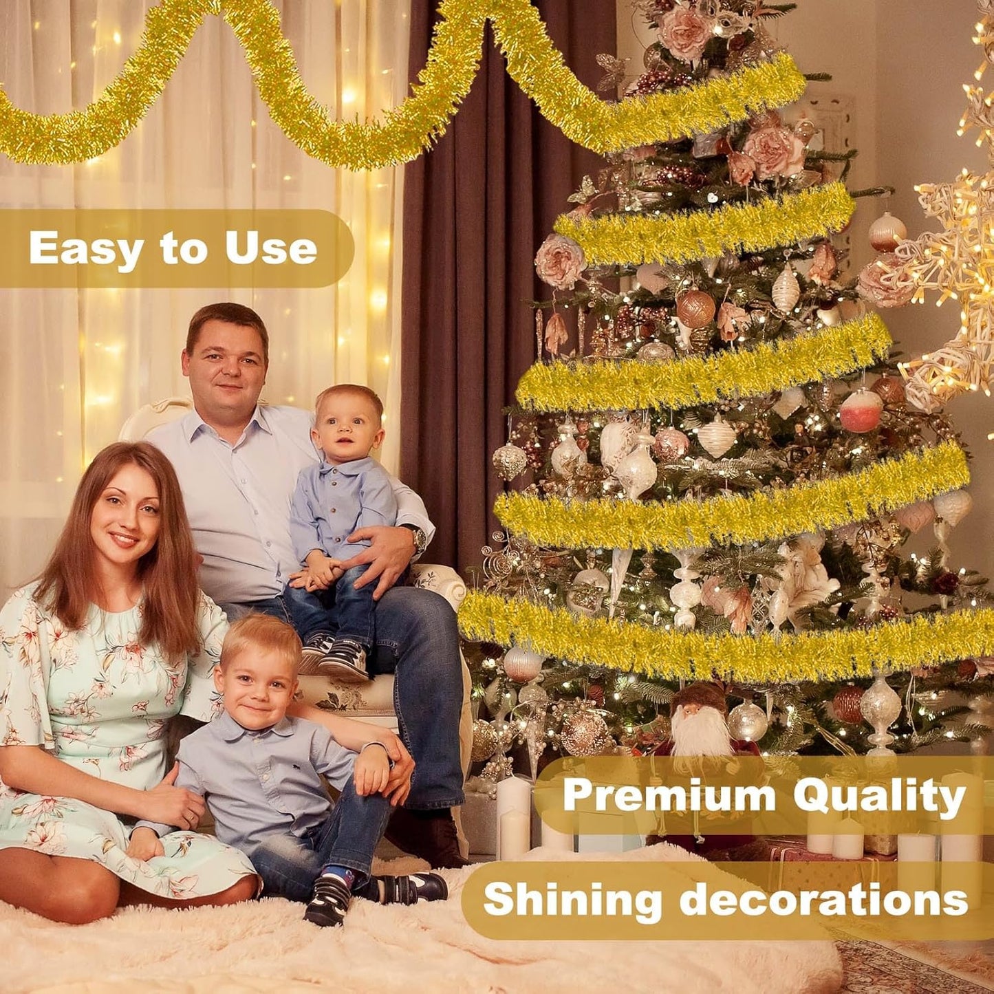 25 Feet Gold Christmas Tinsel Garland, Metallic Foil Twist Banner Wall Hanging Tinsel Streamers Backdrop for Parade Floats, Christmas, Mother's Day, Birthday Party Decorations(4in x 25ft)