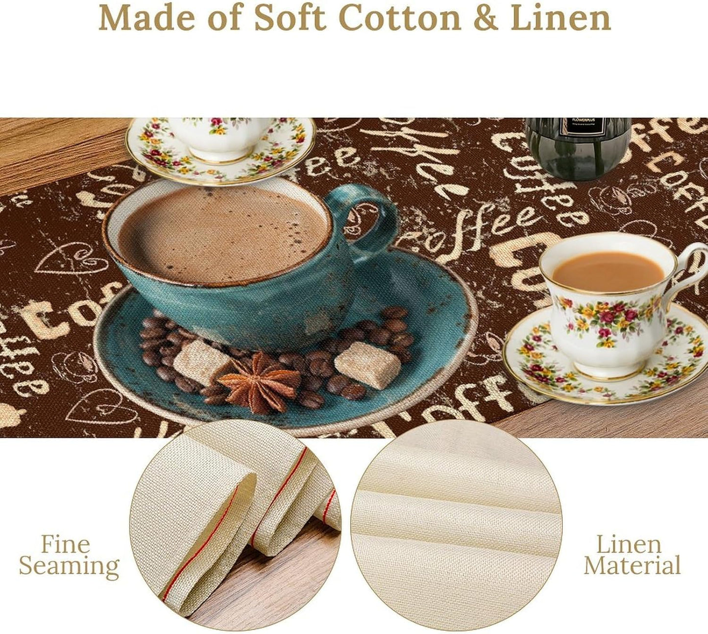 Coffee Theme Table Runner, Farmhouse Retro Brown Coffee Cup Tea Party Rustic Cafe Table Center Decor for Home Kitchen Dining Patio Holiday Party Indoor Outdoor Table Decorations,13"x108" Inch