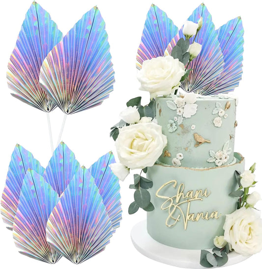 Ephlyn 6Pcs Paper Palm Leaves Fan Cake Toppers Palm Leaf Fan Cake Picks Craft DIY Fan Cupcake Toppers Palm Spear Leaves Cake Decorations for Baby Shower Wedding Birthday Party Decor Supplies Colorful