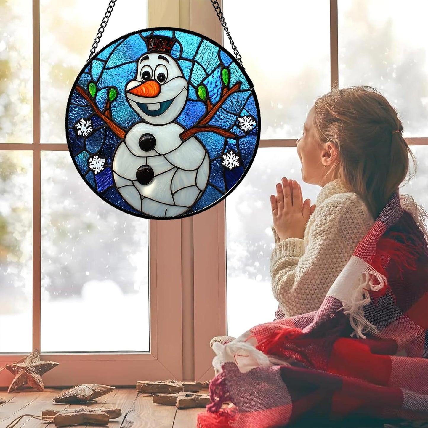 Stained Glass Window Hanging Christmas Funny Snowman 11.8" - Suncatcher Door Garden Blue White Snowflakes Sun Catcher New Year Birthday for Friend Mom Men Woman Nana