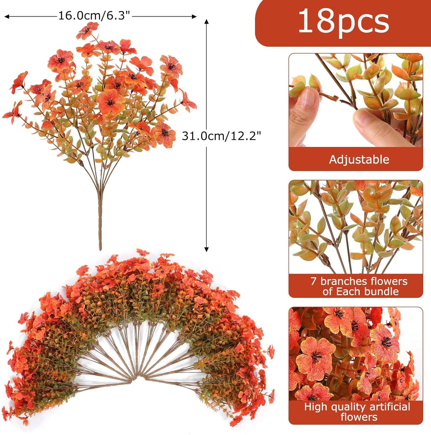 Hananona 18 Pcs Artificial Mum Flowers for Outdoors, Faux Fall Mums Silk Flower for Outside, Fake Orange Flowers for Fall Patio Front Door Planter Autumn Halloween Home Decorations (18, Orange)