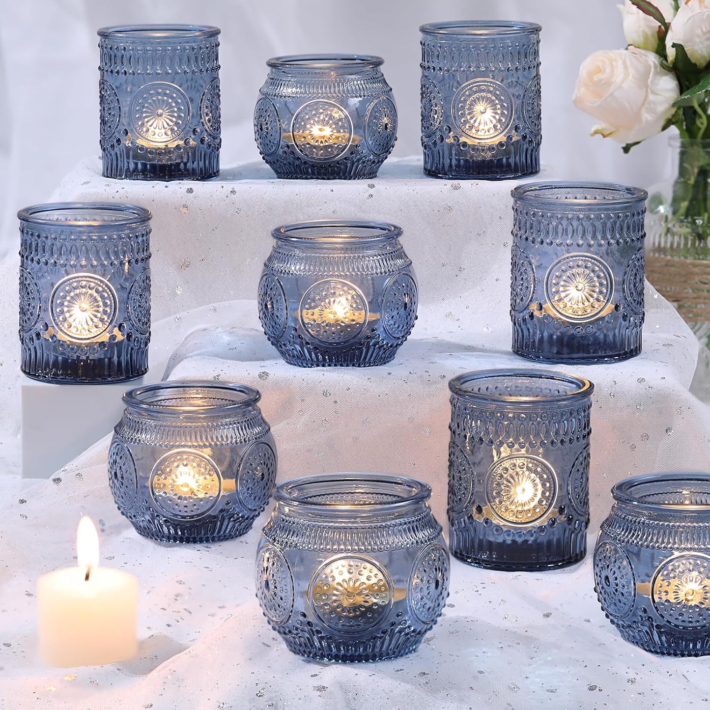DARJEN 12Pcs Blue Votive Candle Holders - Votive Candle Holders Bulk, Glass Candle Holder for Party Decoration, Tea Lights Candle Holders for Wedding