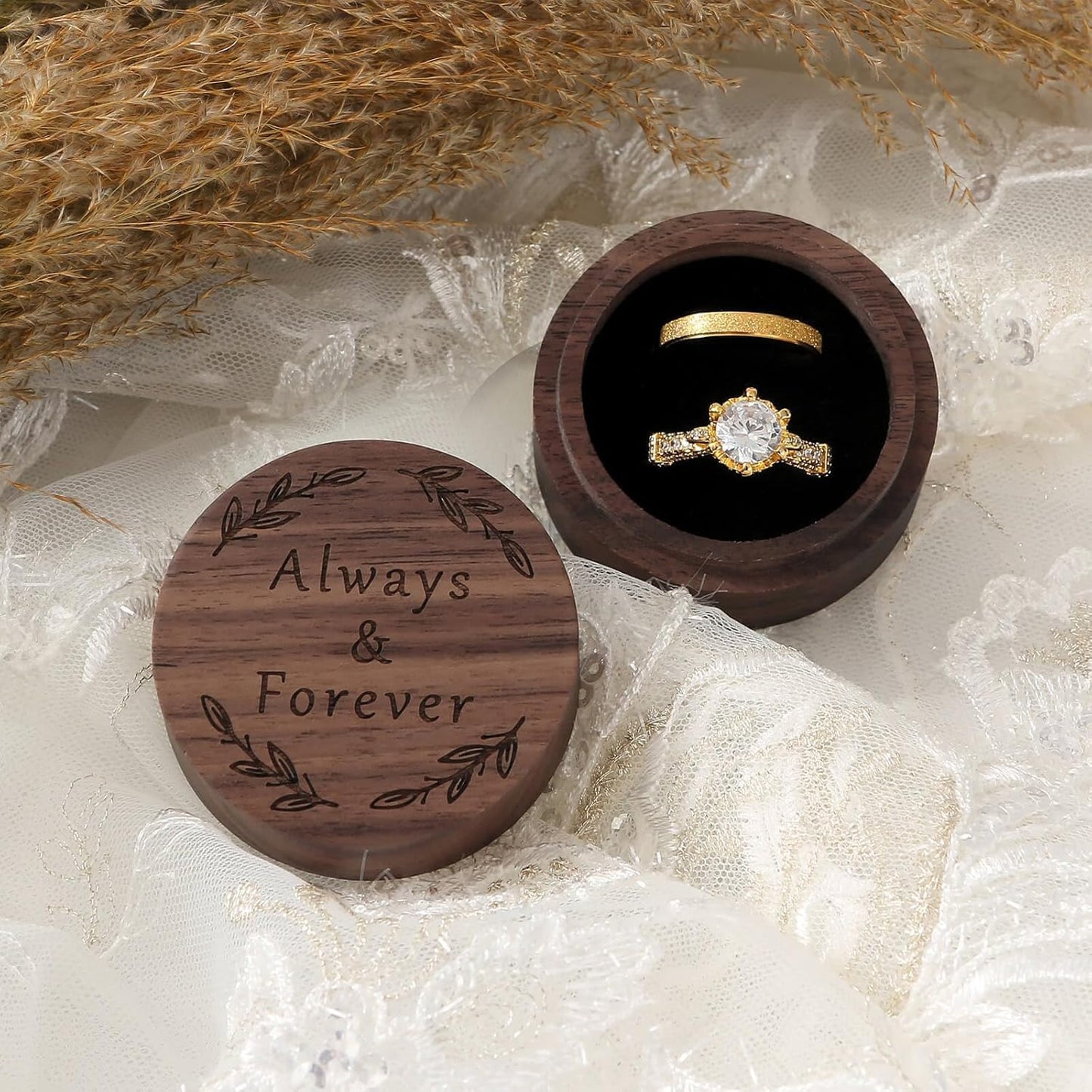 Ring Box, Wooden Ring Box for Wedding Ceremony Ring Bearer Box, Engagement Ring Holder Gift for Anniversaries day, Birthday Gift (Always&Forever)