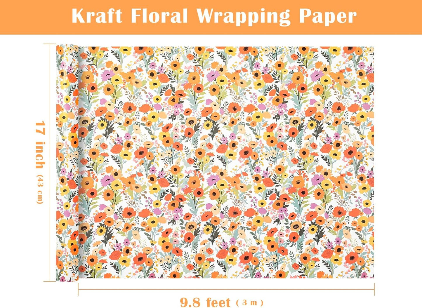 WRAPAHOLIC Kraft Floral Wrapping Paper Roll - Mini Roll - 17 Inch x 9.8 Feet - Bright Summer Flower Wrapping Paper, Perfect for Wedding, Birthday, Bridal Shower, Tea Party