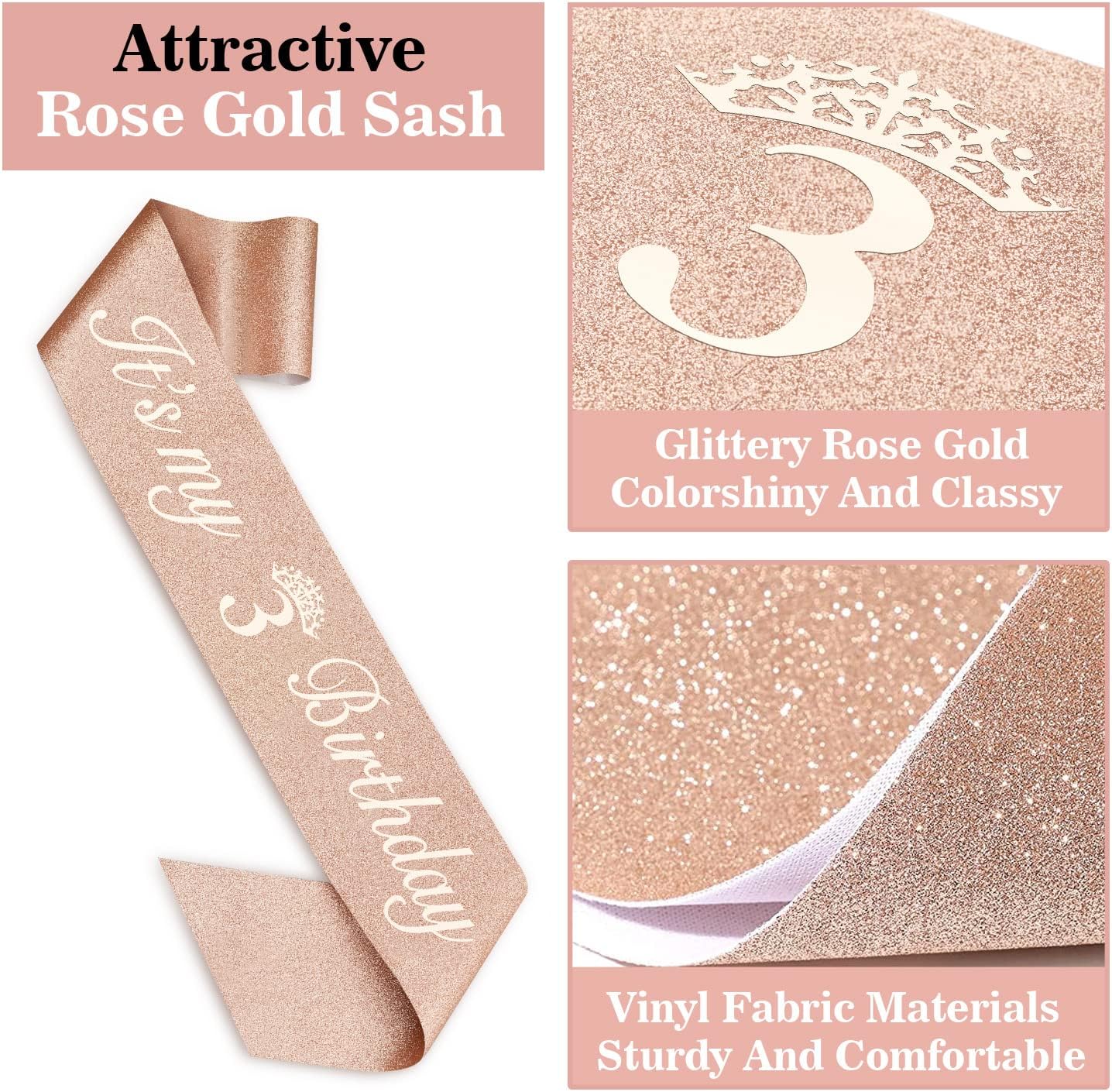 3rd Birthday Decorations for Girls, Including Sash, Crown/Tiara, Candles, Cake Toppers, 3rd Birthday Gifts for Girls