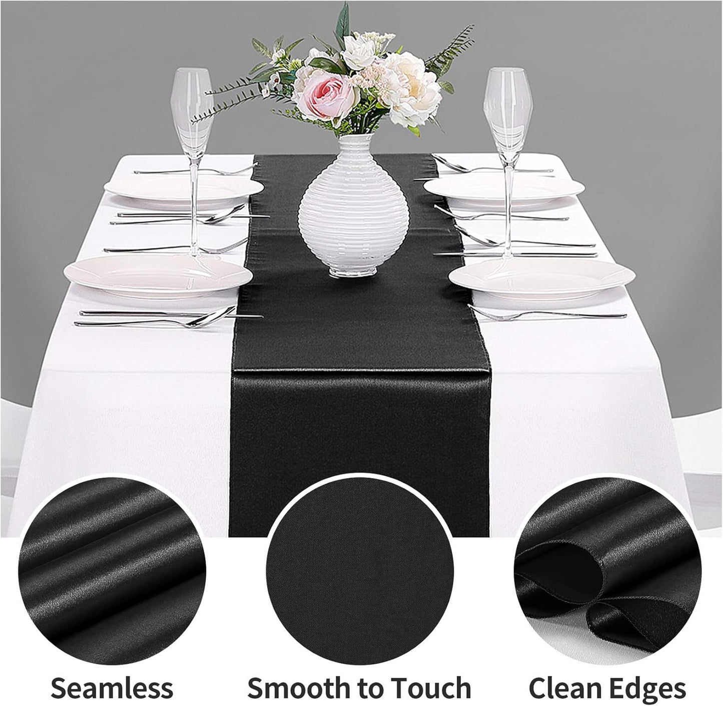 10-Pack Satin Table Runner Black 12 x 108 inches Long, Table Runners for Wedding, Birthday Parties, Banquets Decorations（10 Pack, 12x108 Inch, Black）