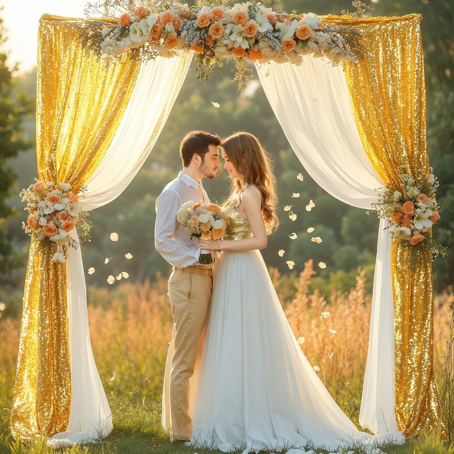 Wedding Arch Draping Fabric, 1 Panel 28" x19ft White Arch Drapes & 1 Panel 16" x19ft Gold Sequin Fabric Drapes Arbor Backdrop Curtain for Wedding Arch Ceremony Bridal Shower Reception