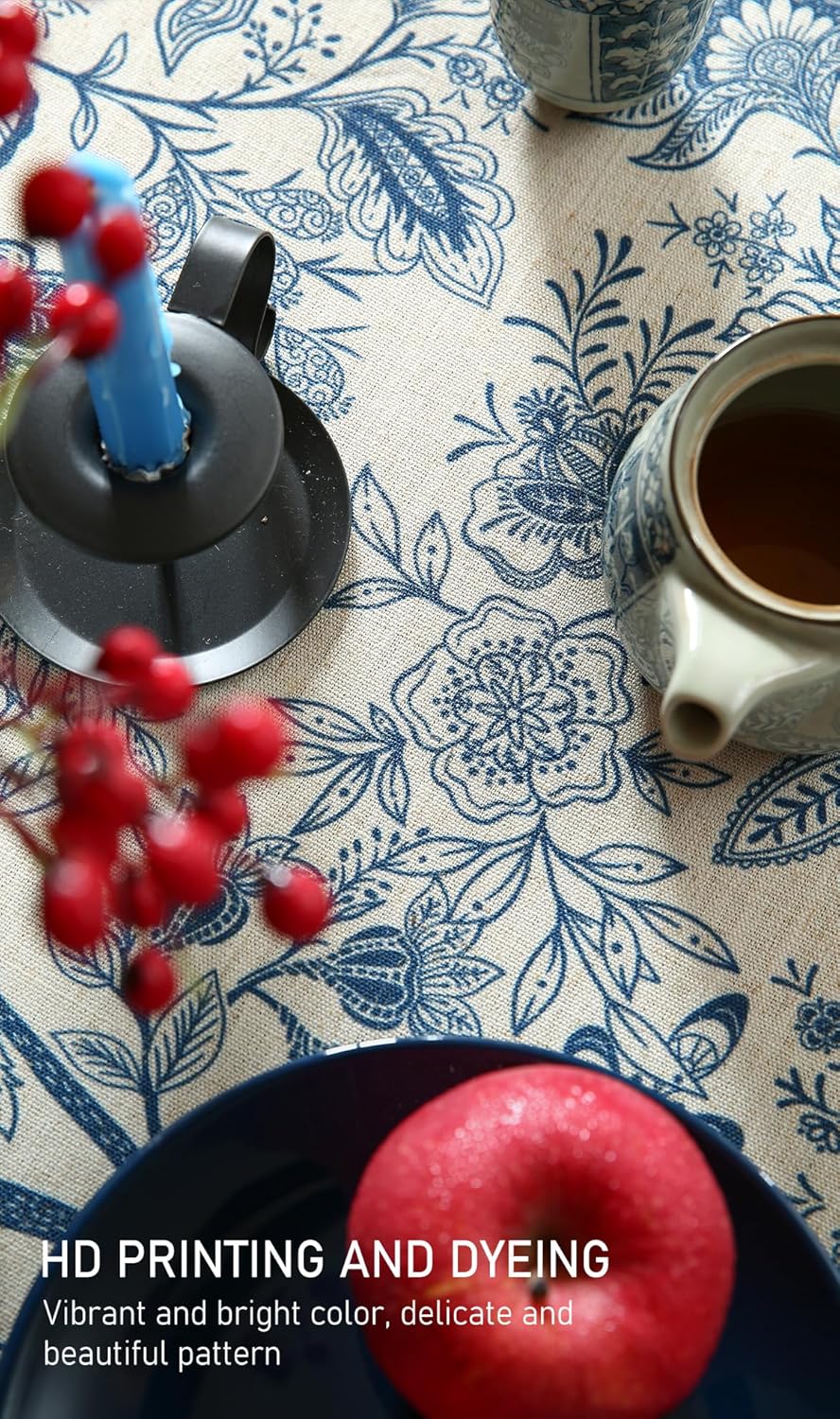 ISAENNE Designer French Linen Small Round Tablecloth,Blue Floral Washable Indoor Table Cloth,Durable Home Decor Tablecloths for Dining Thanksgiving Kitchen Party Christmas,Diameter 55"-Ruyi B