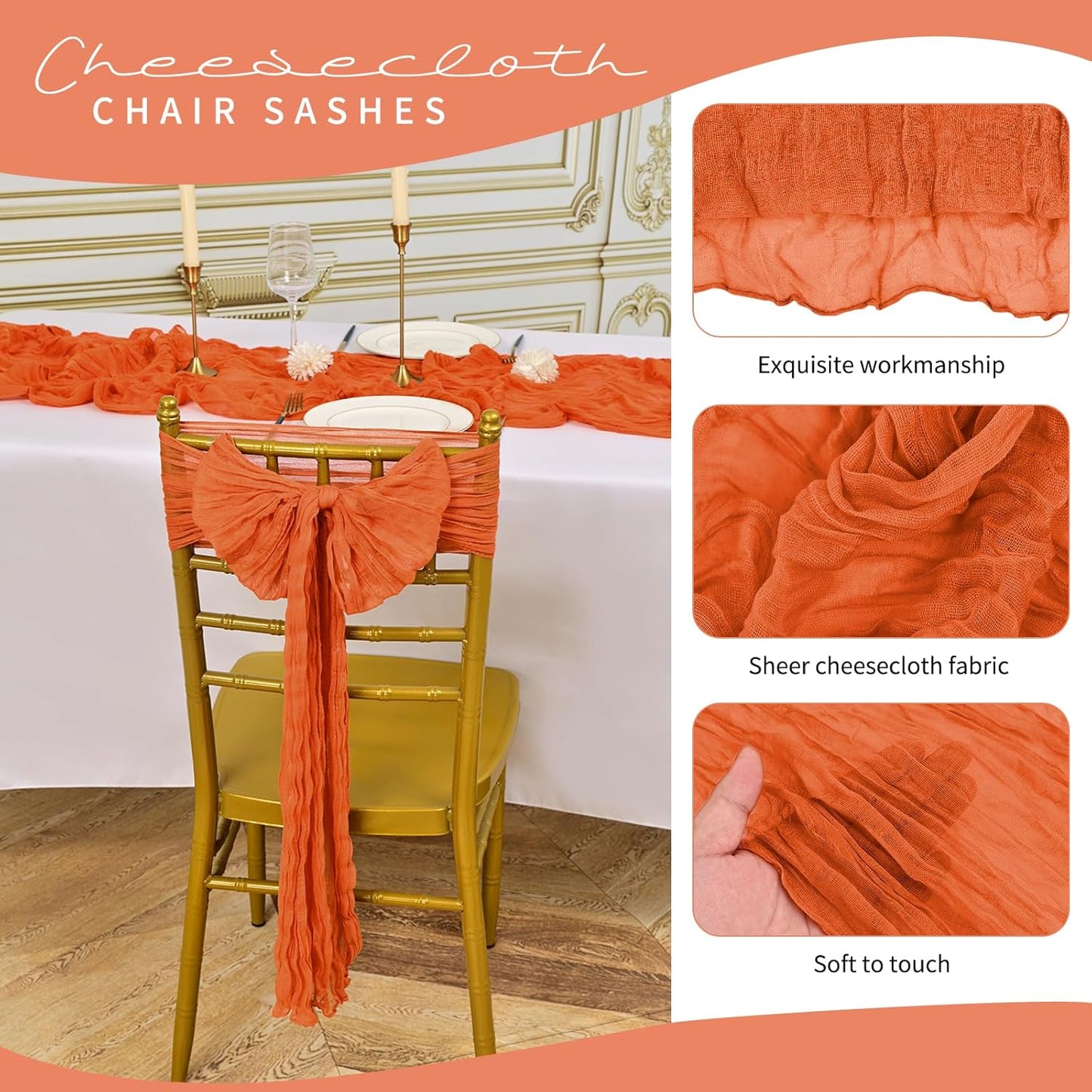 50 PCS Cheesecloth Chair Sashes, Bows Designed ChairSashes, 15.7x108 inch Chair Sashes for Aisle Decorations Universal Chairs Cover Decoration for Wedding Reception Party Banquet (Burnt Orange)