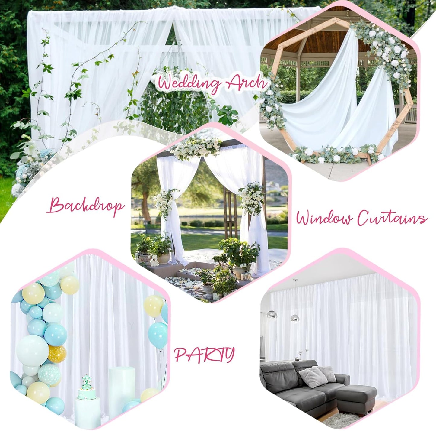 PARTISKY 10x10ft White Chiffon Sheer Backdrop Curtains (2 Panels 5x10ft Each) -Wrinkle-Free Drapes for Wedding, Birthday Party & Photography Stage Decor
