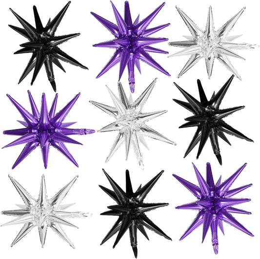 Black Purple Silver Star Balloons,9Pcs 22Inch Black Silver Purple Explosion Spike Cone Helium Polyester Film Star Foil Balloons for Birthday Halloween Anniversary Baby Shower Party Decorations