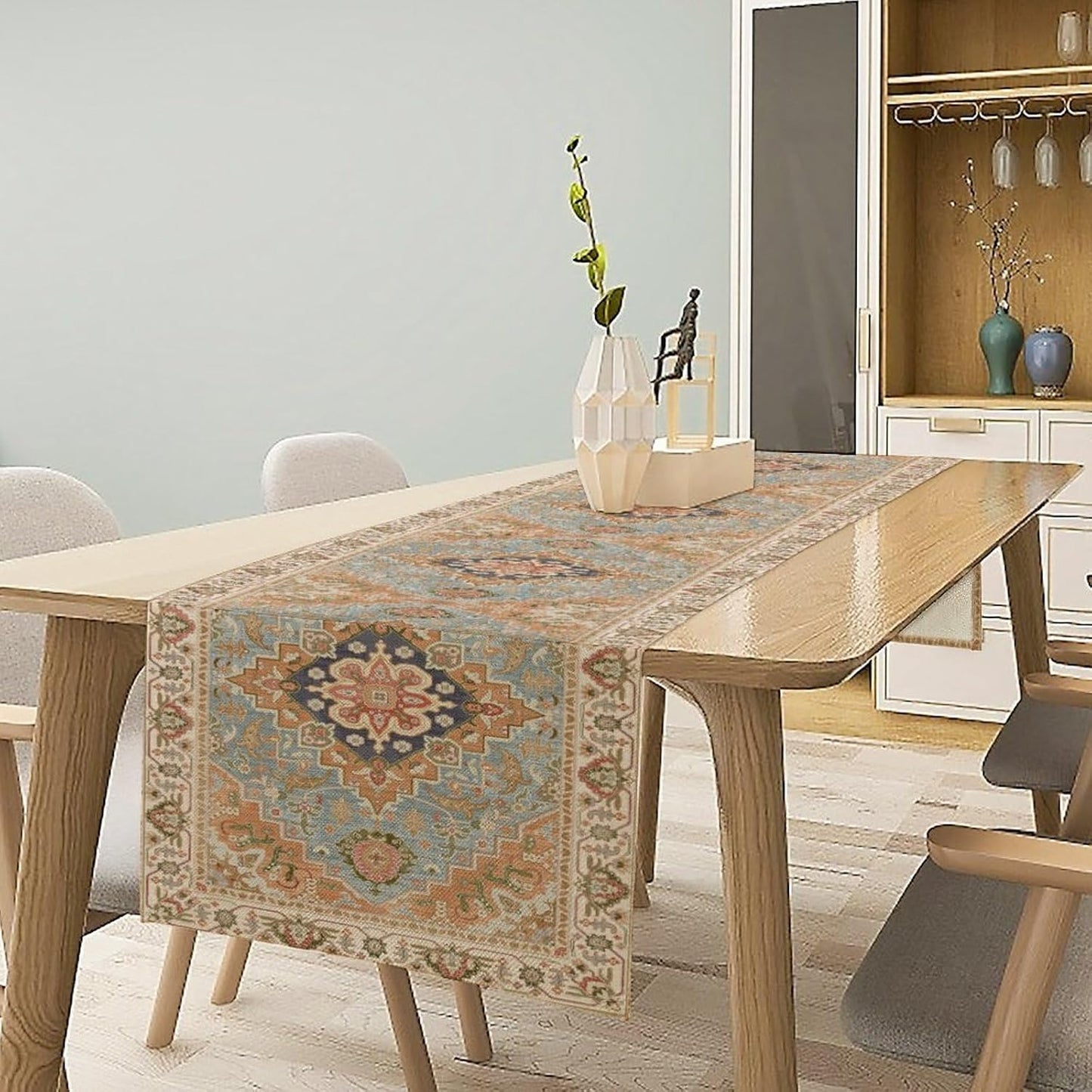 Vintage Boho Floral Table Runner, Rustic Country Farmhouse Grey Blue Orange Bohemia Flower Pattern for Home Kitchen Table Decor Dining Coffee Room Party Decor 13x120in