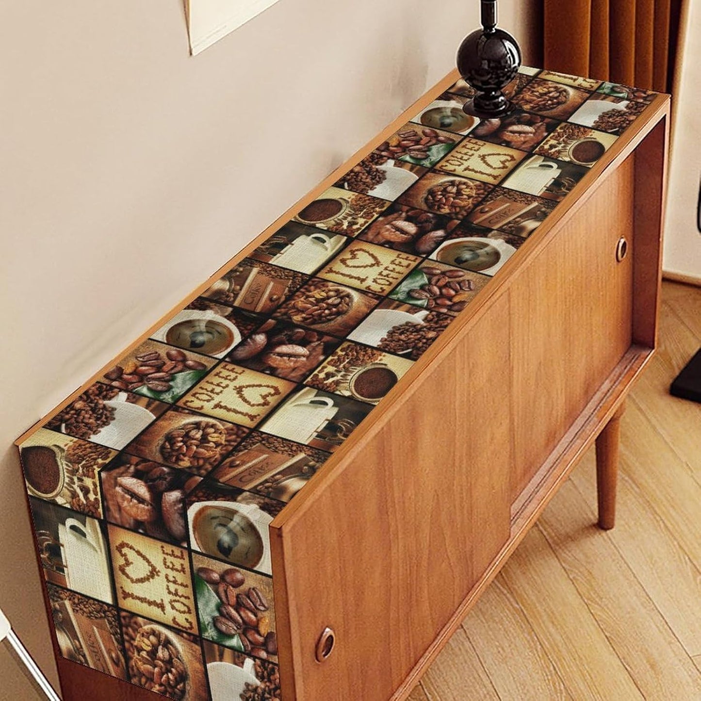 Coffee Theme Table Runner, Retro Farmhouse Coffee Cup Latte Cappuccino Tea Party Cafe Table Center Decor for Home Kitchen Dining Patio Holiday Party Indoor Outdoor Table Decorations,13"x36" Inch