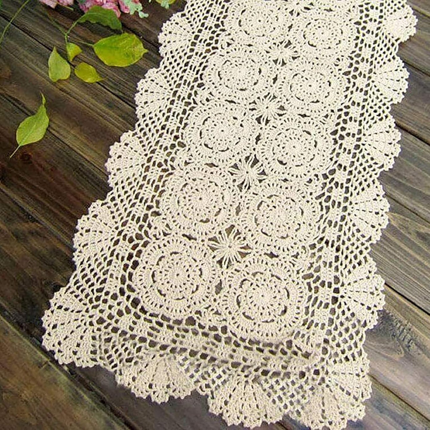 Phantomon Lace Table Runner Rectangular Table Cover Cloth Handmade Crochet Floral Placemats 100% Cotton (Floral Beige, 15x28Inch)