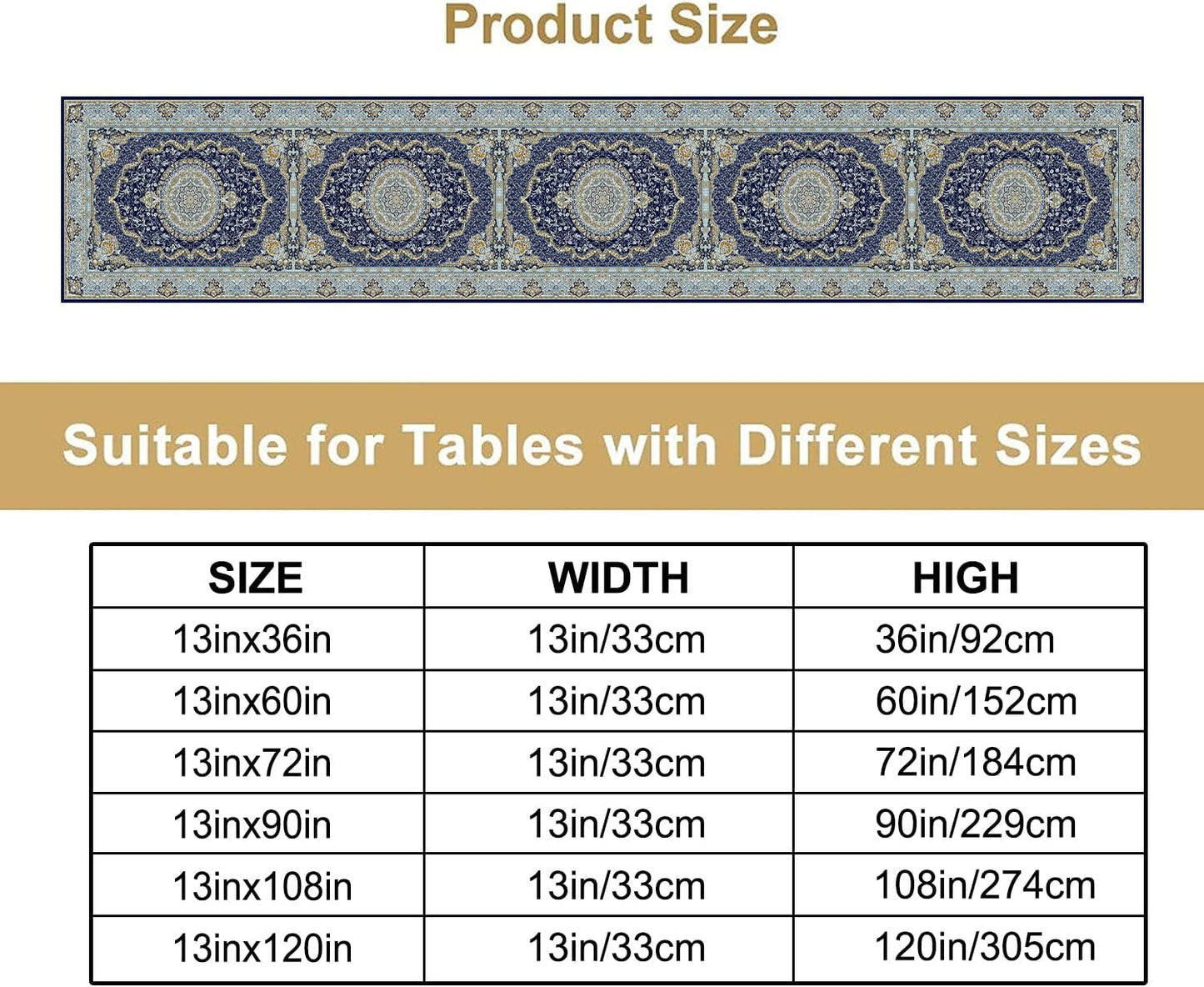 Boho Bohemia Style Blue Teal Table Runner, Country Rustic Farmhouse Magical Abstract Print Pattern for Home Kitchen Table Decor Dining Coffee Room Garden Party Decor 13x36in