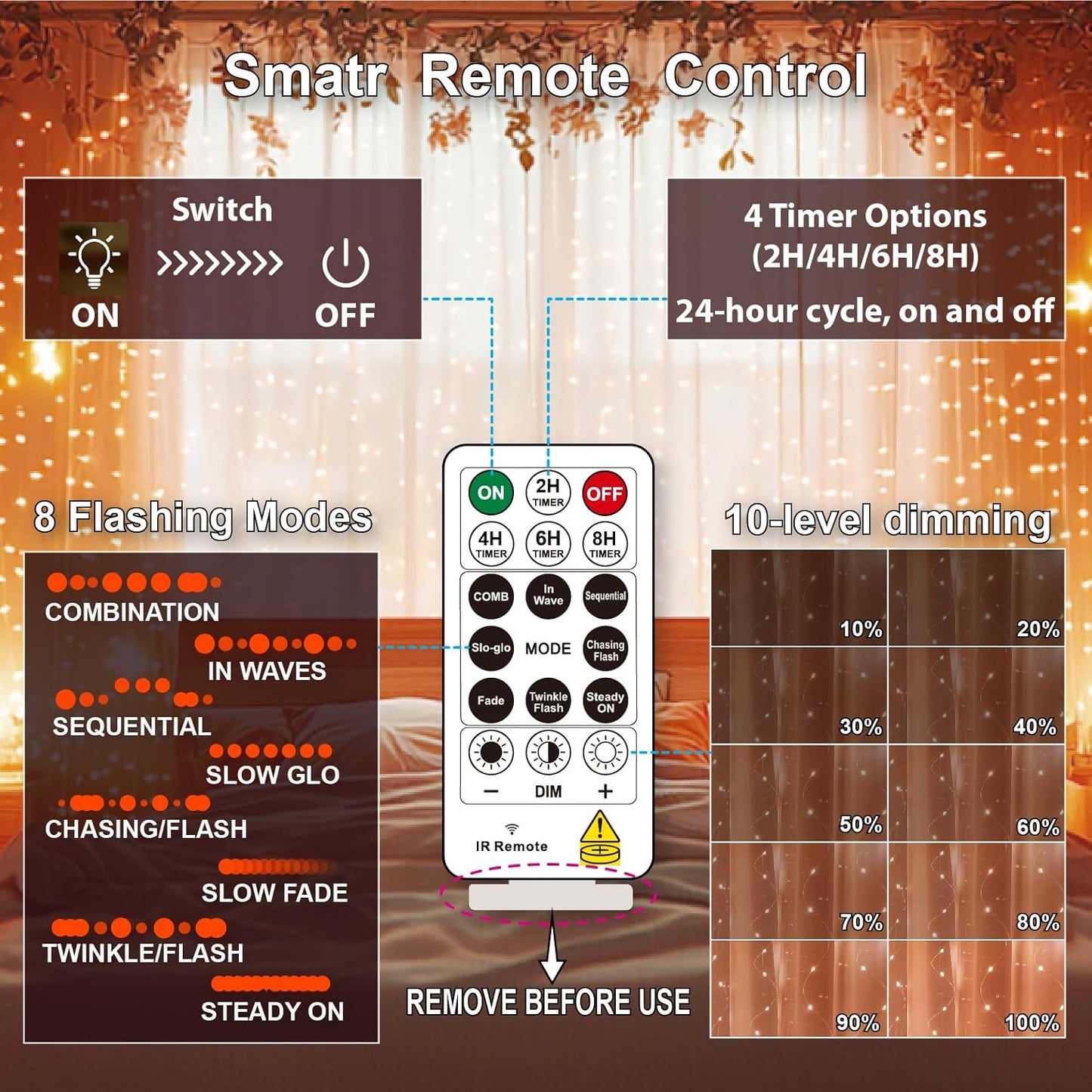 HXWEIYE 300LED Fairy Curtain Lights, 9.8x9.8Ft USB Plug-in 8 Modes Christmas String Hanging Lights with Remote for Bedroom Backdrop Wedding Party Indoor Wall Decor, Orange