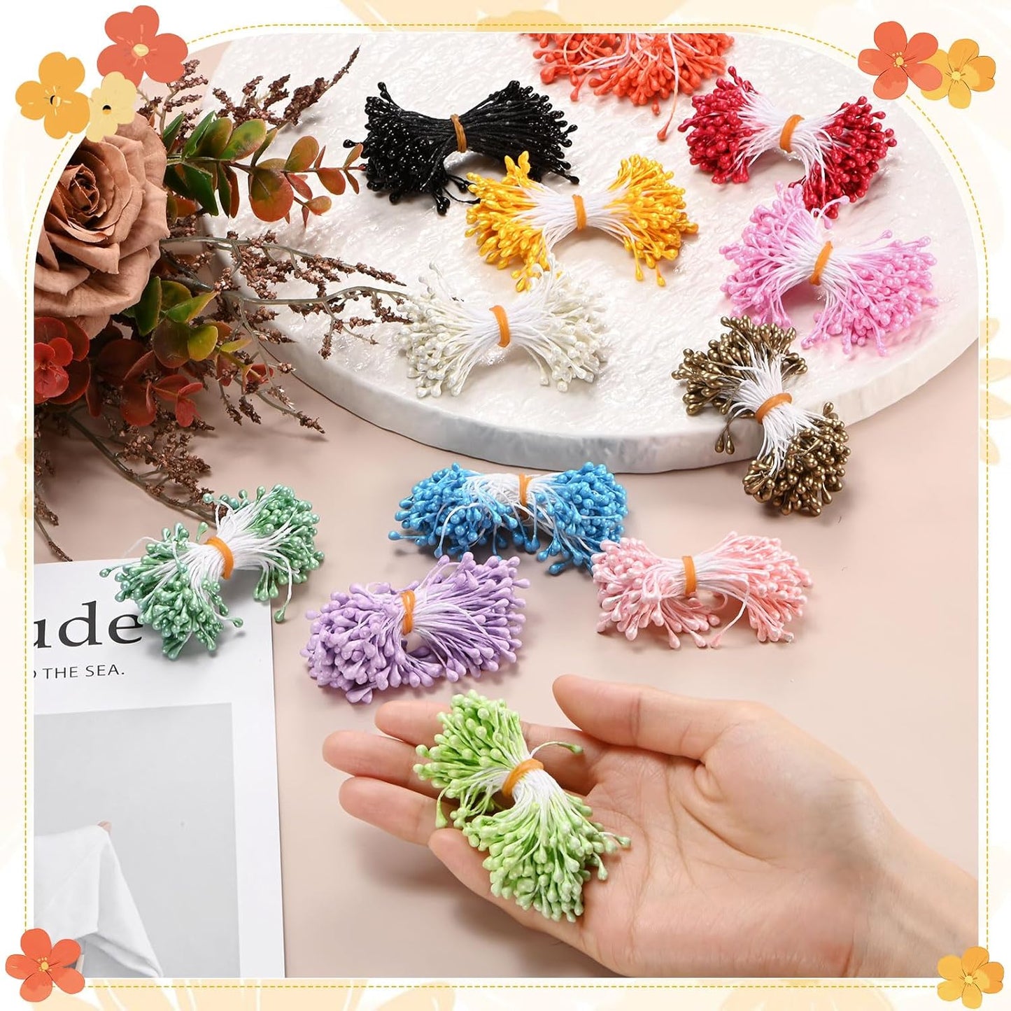600-Pack Flower Stamens for Crafts, 5mm Double Heads Artificial Pearl Floral Pistil Mini Flower Pollens Stamens for DIY Making/Wedding/Scrapbook Decoration [White]