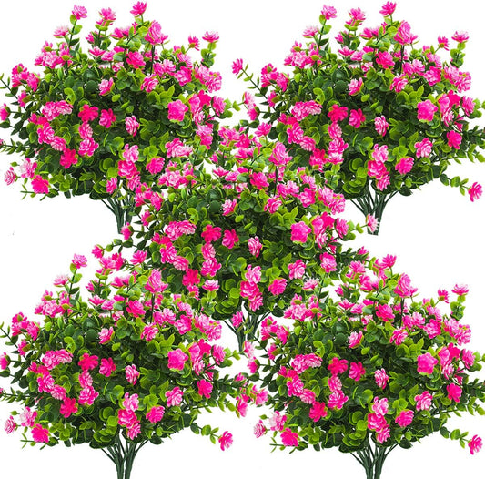 10 Bundles Artificial Fake Flowers, Faux Outdoor Plastic Plants UV Resistant Shrubs Outside Indoor Decorations (Pink-Eucalyptus)