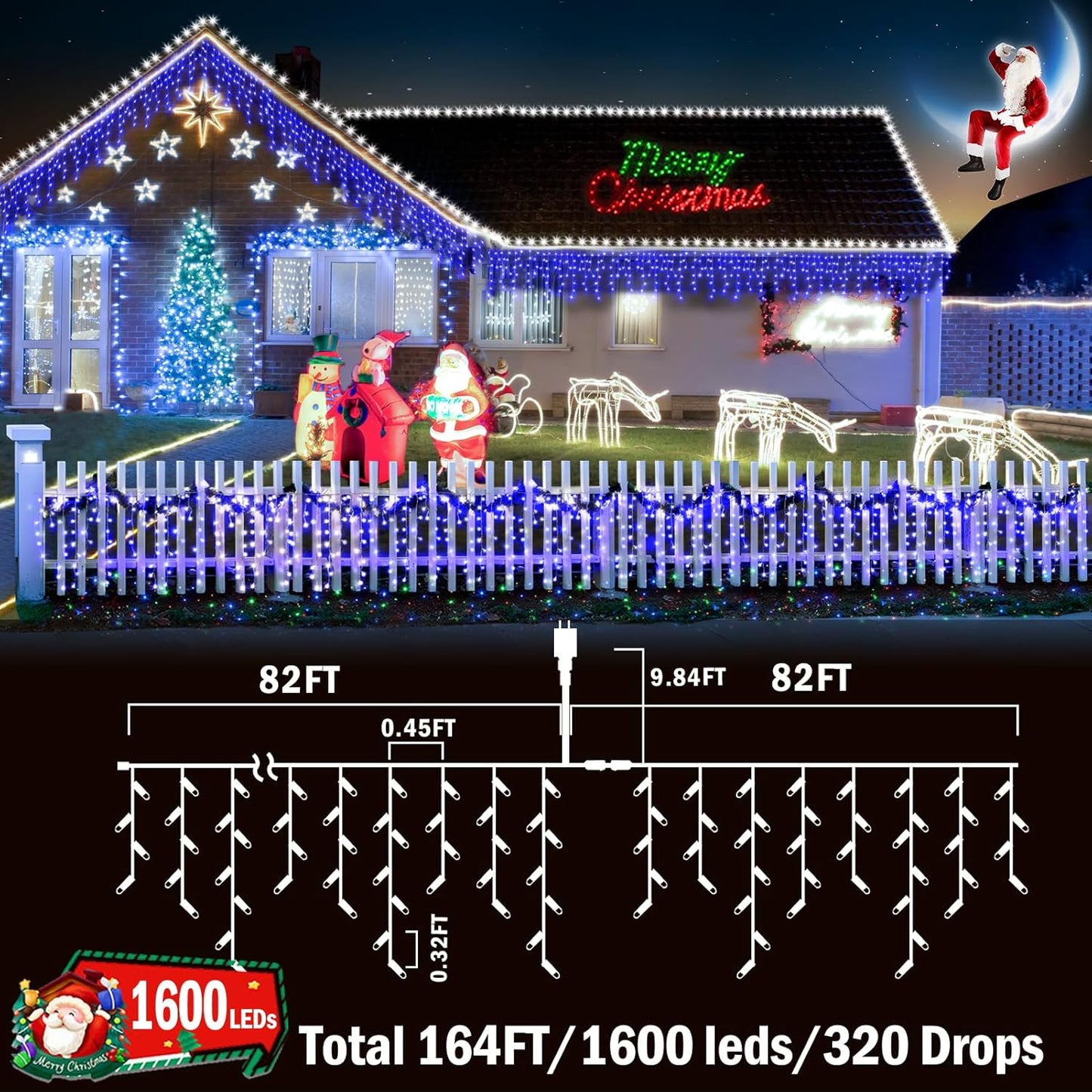 KNONEW 164FT 1600 LED Christmas Lights Outdoor Decoration Blue Timer 8Modes Hanging Fairy String Lights with 320 Drops, Plug in Waterproof Indoor Decor for Holiday Wedding Party Window Garden