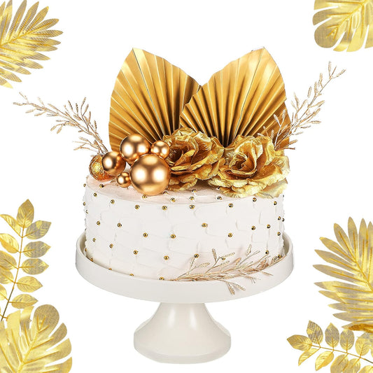 26 Pieces Happy Birthday Cake Topper Gold Cake Decorations Palm Leaves Balls Cupcake Toppers Floral Flower Artificial Leaves for Birthday Wedding(Gold)
