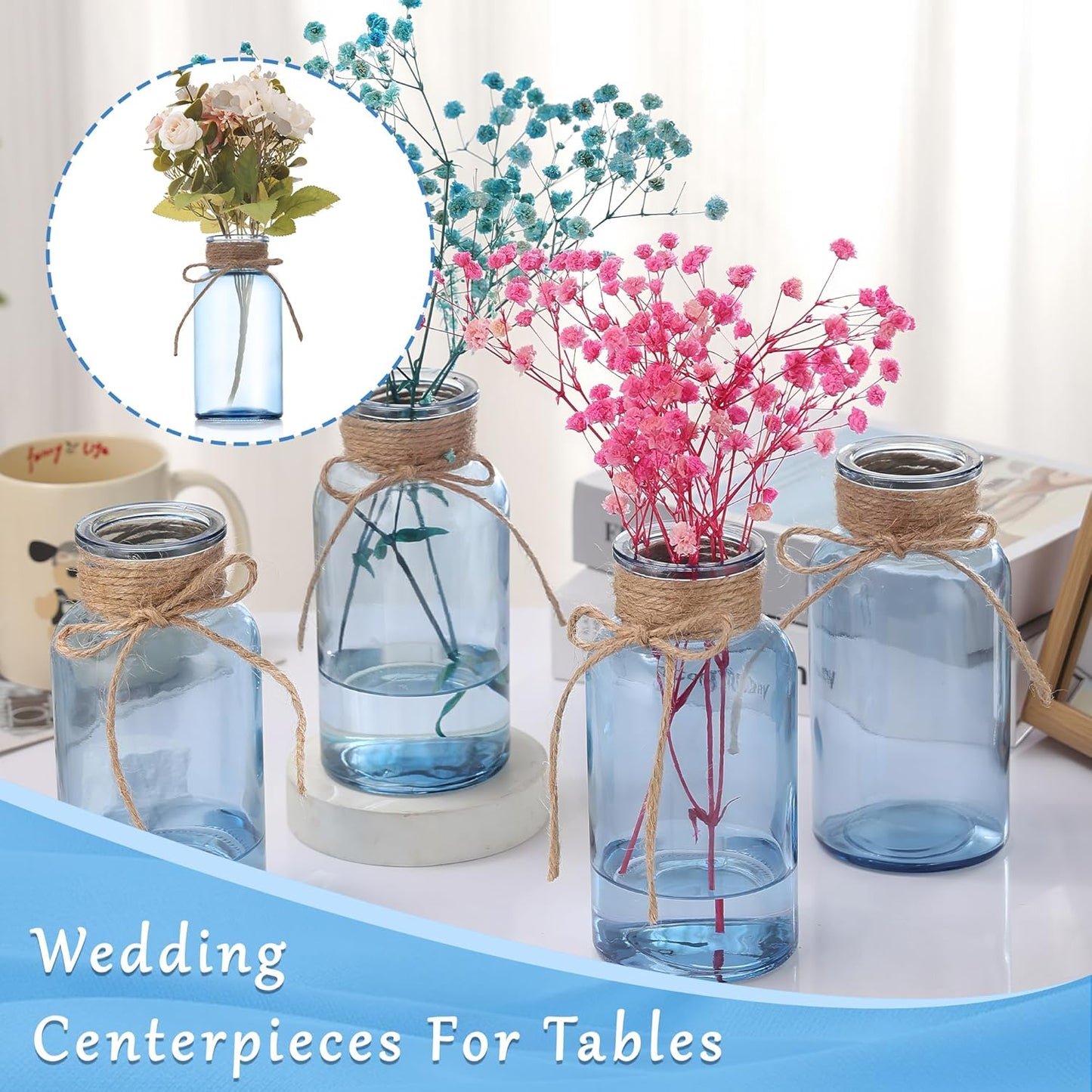 Blue Glass Flower Vases for Centerpieces Set of 6, Mason Jars Boho Cylinder Bud Vases in Bulk, for Weddings Parties Vintage Home Decor