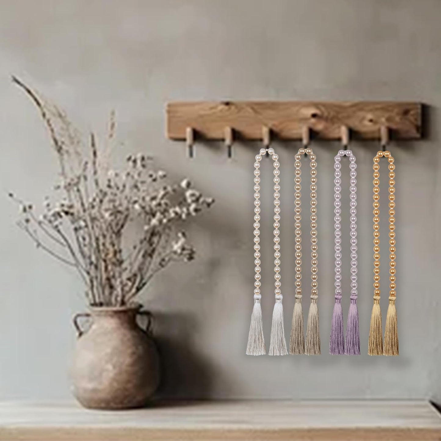 Fenghuangwu 34 Inch Pearl Glass Bead Garland with Tassels - Elegant Boho Table Decor, Fringe Wall Hanging for Wedding, Party, Farmhouse Rustic Prayer Bead Home Decoration(2 Pack,Purple)