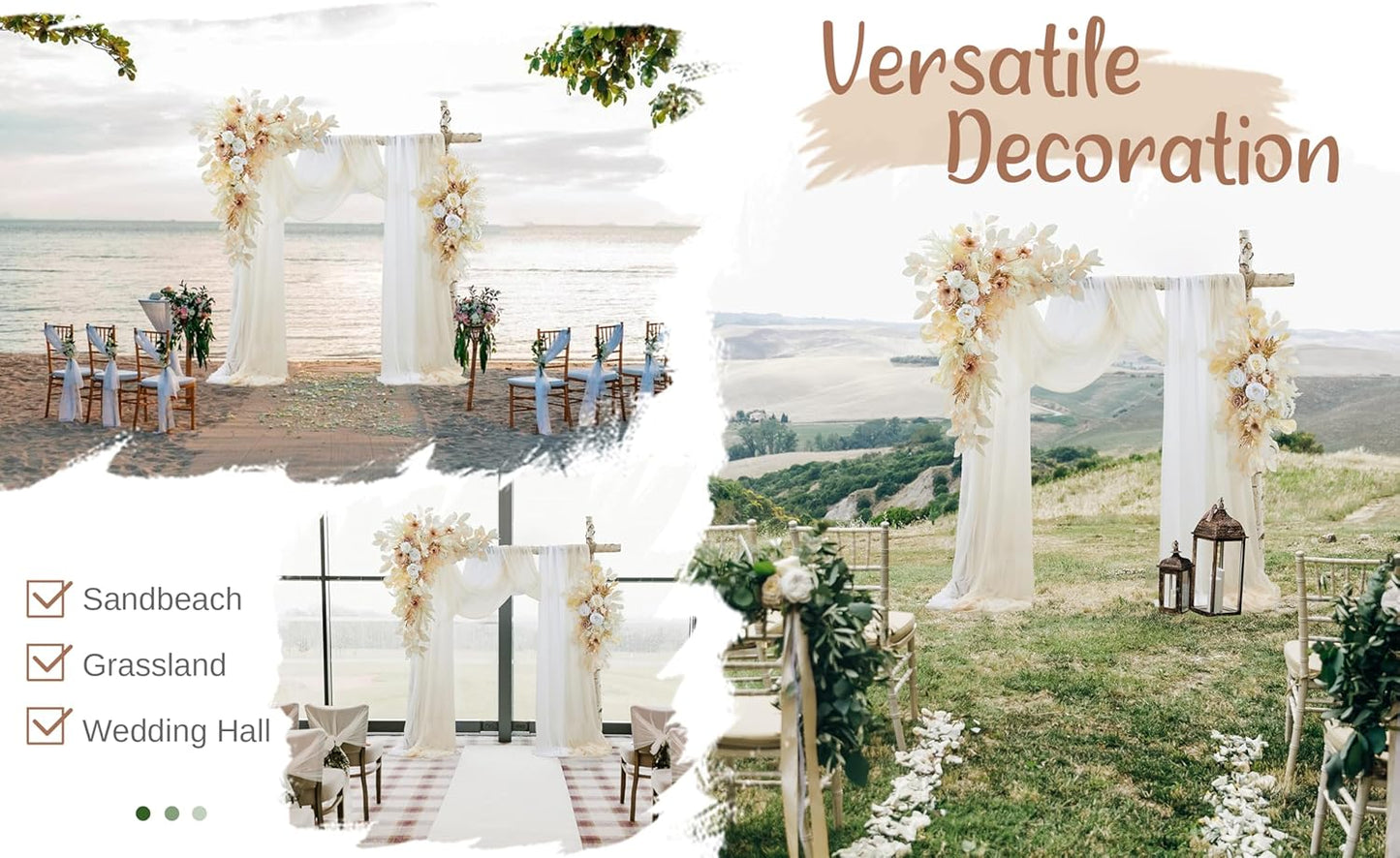 Wedding Arch Flowers with Drapes Kit (Pack of 4) - 2pcs Artificial Beige Deluxe Swag with 2pcs Sheer Drapes for Wedding Ceremony Arbor Reception Backdrop Rose Floral Decoration