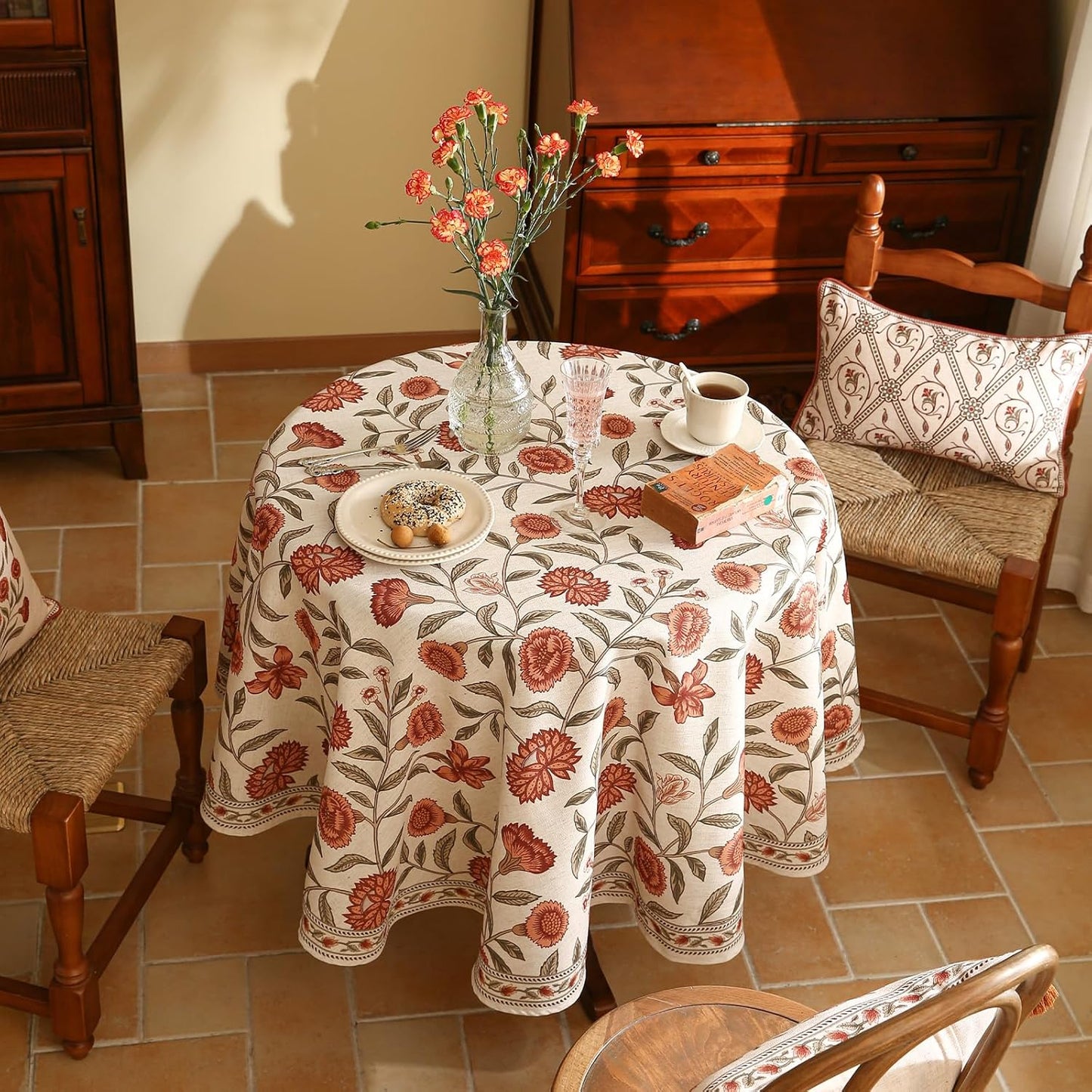 ISAENNE Designer French Small Round Tablecloth,Linen Orange Floral Pattern Indoor Table Cloth,Wrinkle Resistant Decor Table Cloth for Dining Thanksgiving Kitchen Party,Diameter 55"-Alvarado D