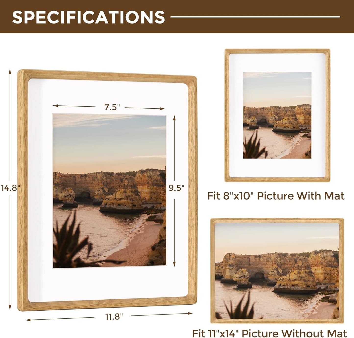 11x14 Wooden Picture Frames USA-Sourced Natural Oak Wood Solid Wood Photo Frame Handcrafted Rounded Corner with Mat to 8x10 Picture Frame Vintage Display with Real Glass Family Picture, Wedding Photo