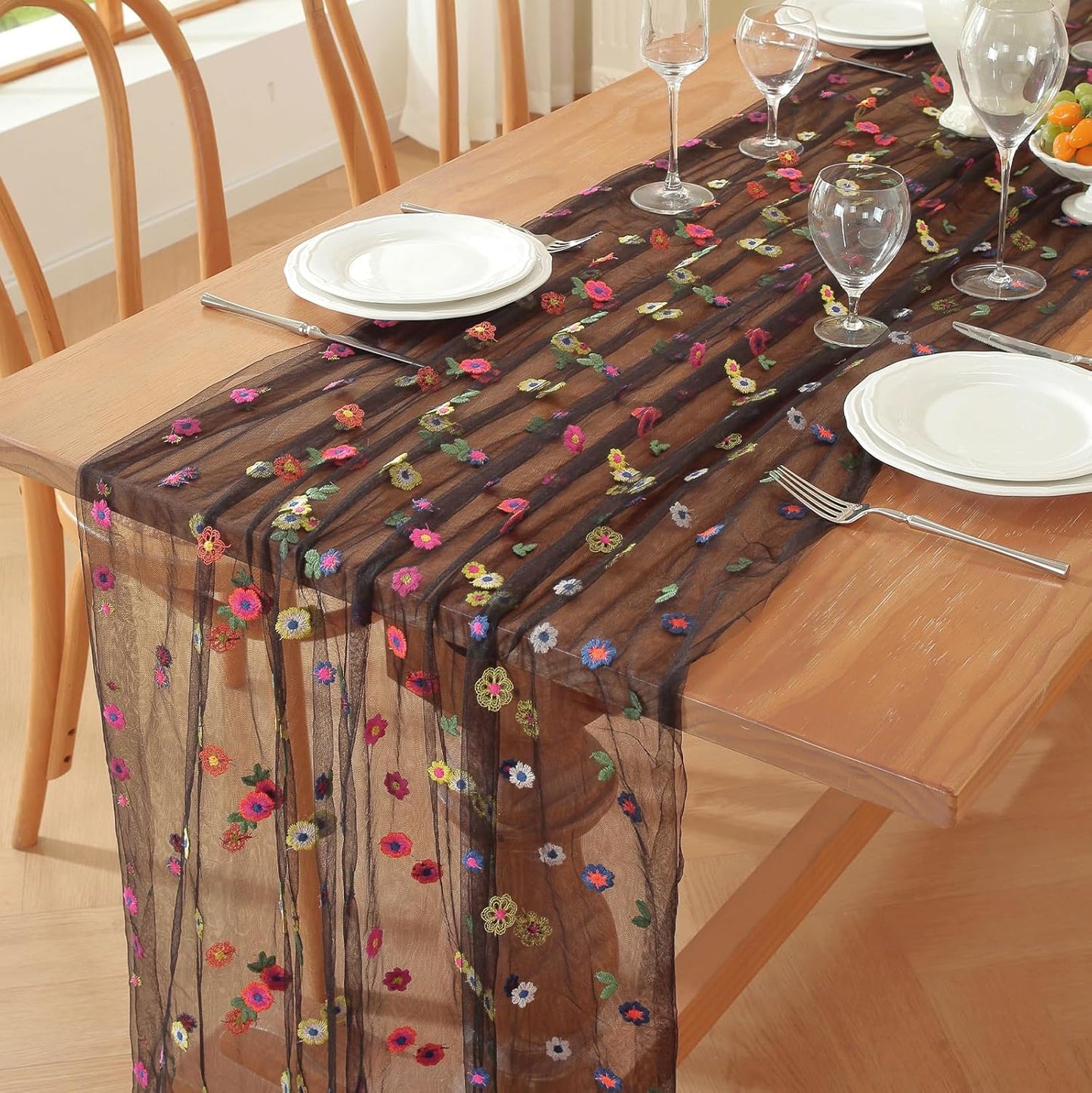 Black Embroidery Daisy Fall Table Runner 120Inch 10FT Florals Soft Sheer Tulle Fabric Table Runner for Home Decor, Brithday, Wedding, Baby Shower ,Holiday ,Parties, DIY Craft,1PC