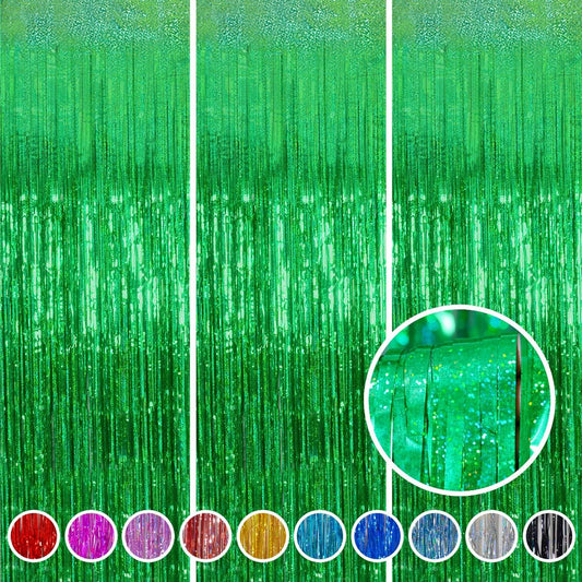 Foil Fringe Curtains April fool's Day Decorations - Melsan 3 Pack 3.2 x 8.2 ft Green Tinsel Curtain Party Photo Backdrop for Birthday Party Baby Shower or Graduation Decorations