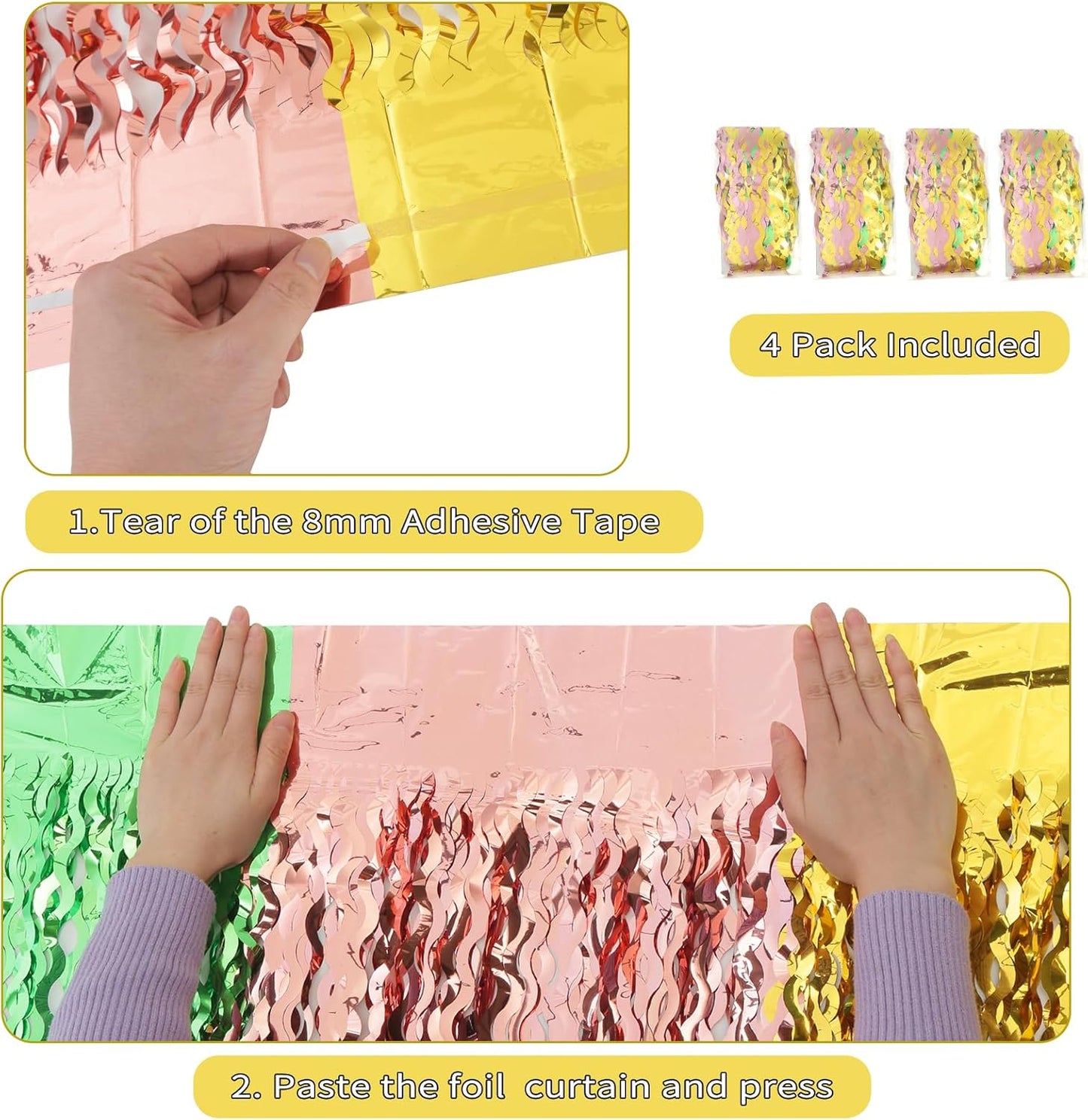 3 Pack Gold Green and Rose Gold Foil Curtain Party Decorations - 3.3x6.6fr Tinsel Streamers for Hawaiian Summer Tropical Beach Luau Themed Party Photo Booth Props Backdrop