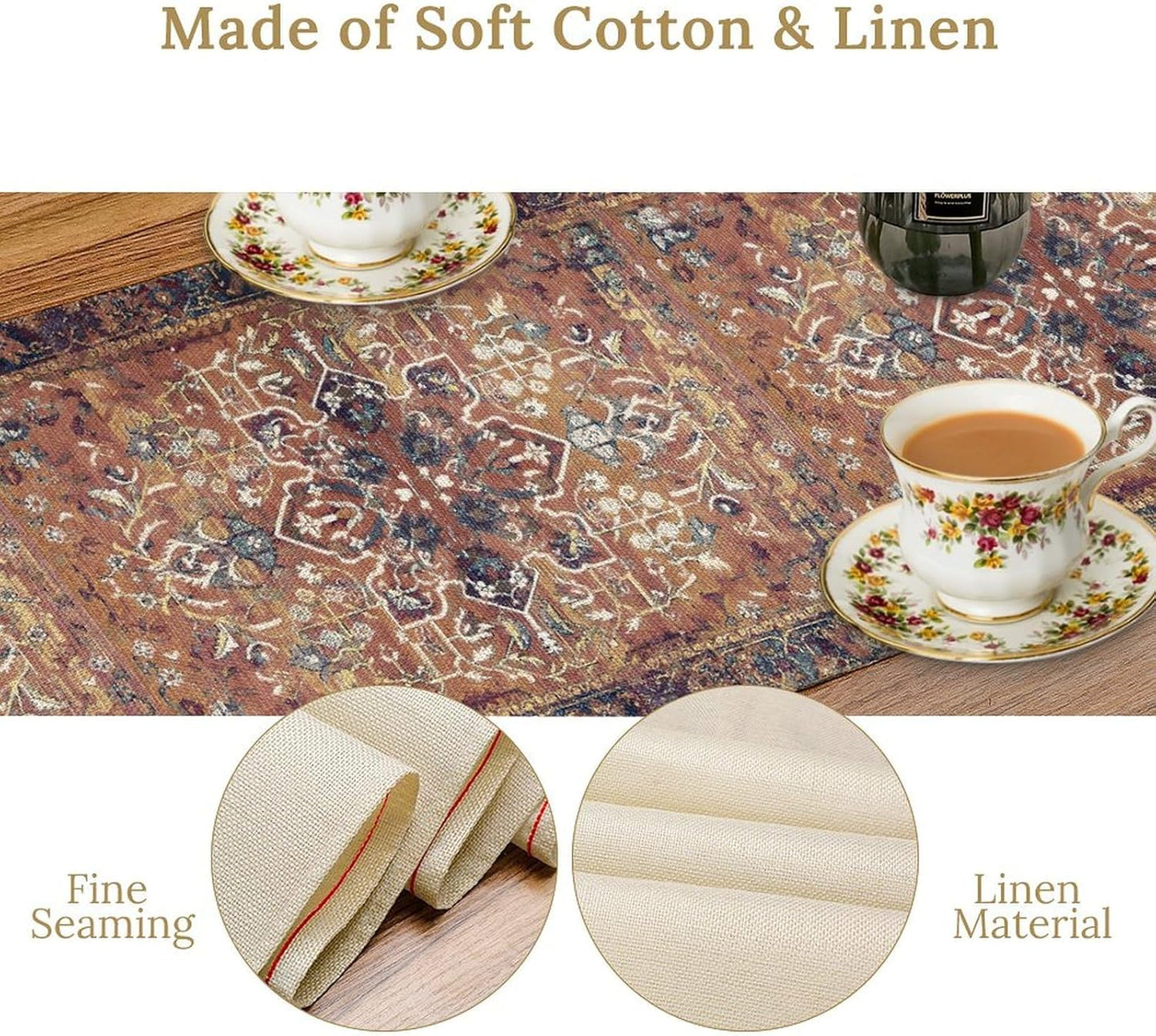 Boho Floral Vintage Table Runner, Purple Brown Retro Flower Rustic Country Farmhouse Abstract Pattern for Home Kitchen Table Decor Dining Coffee Room Party Decor 13x90in