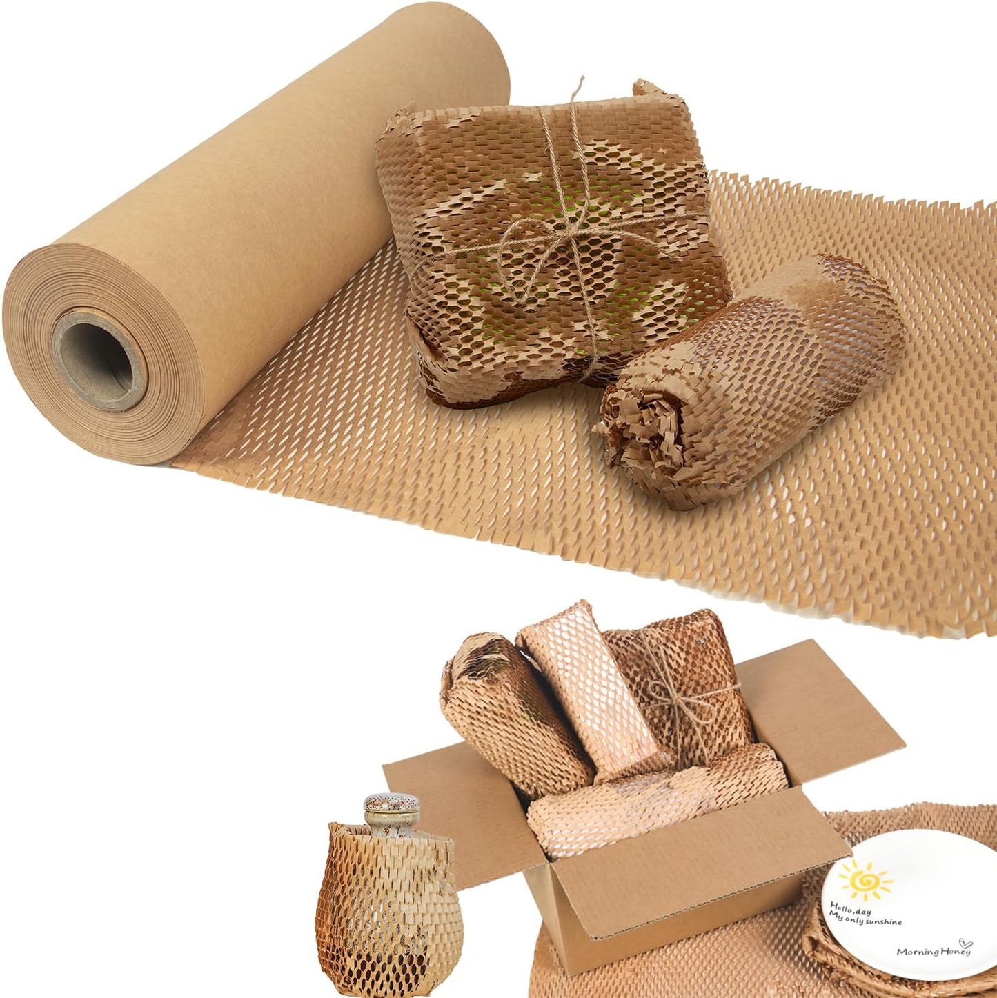 Honeycomb Packing Paper 20" x 420' Recyclable Cushion Packing Paper Expanding Honeycomb Packing Paper Wrap Roll Eco Friendly for Moving Shipping Gift Packaging Breakables-Brown